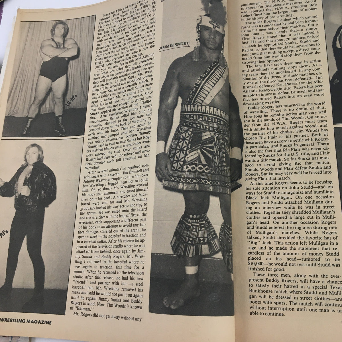 The Ring's Wrestling Magazine April 1980 interior page showcasing Jimmie Snuka and Buddy Rogers, reflecting the wrestling personalities of the time.
