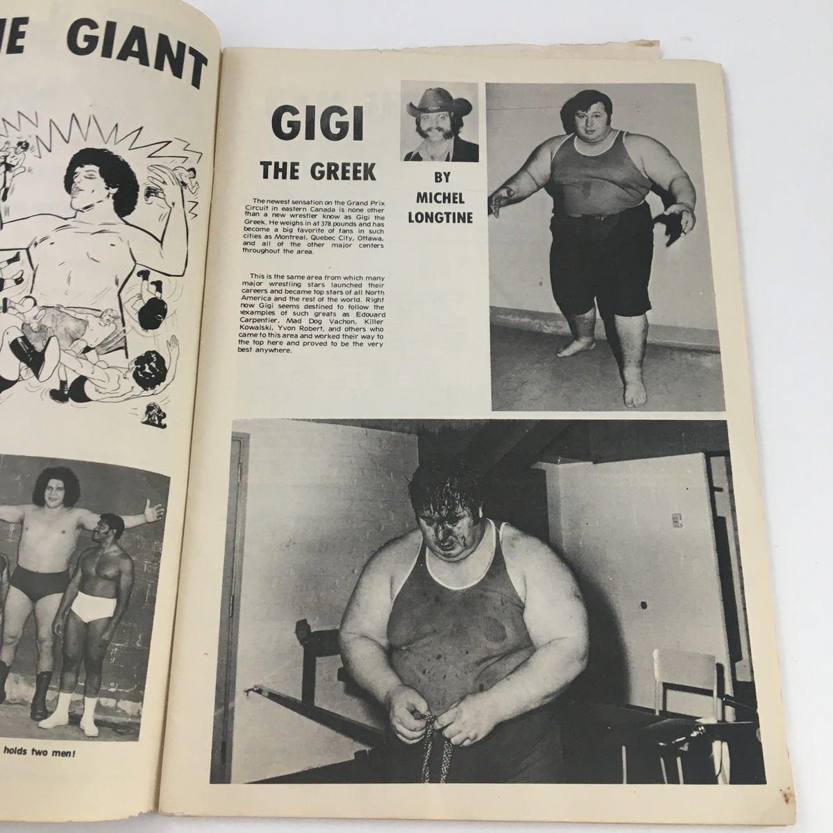 An article page from Wrestling News Magazine January 1974 featuring Gigi the Greek with images, showcasing the wrestling legends featured in the vintage issue.
