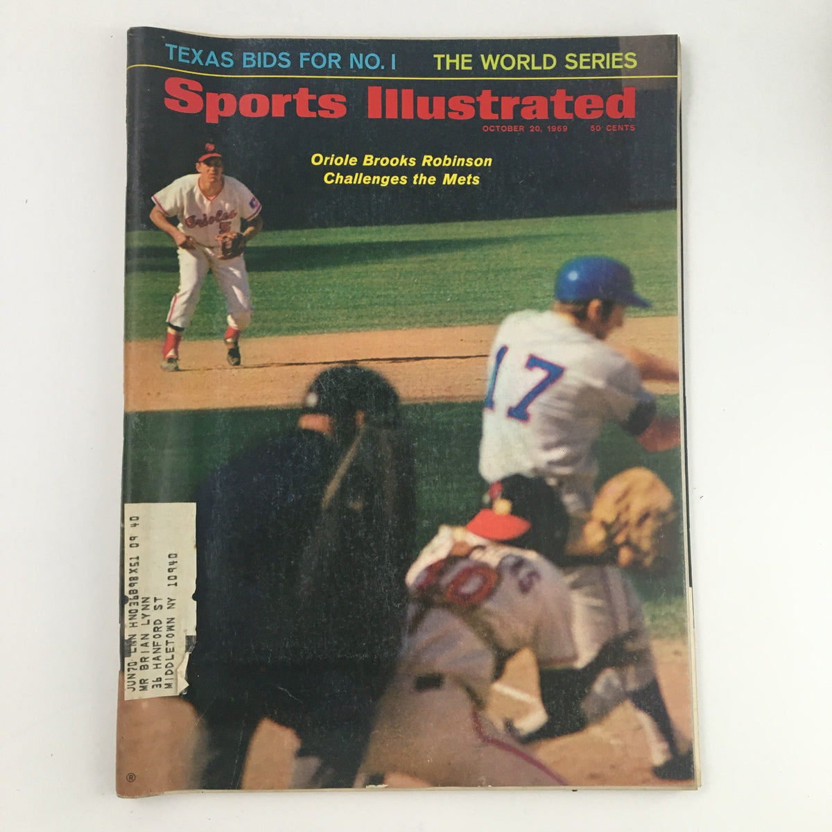 Sports Illustrated Magazine cover from October 20, 1969 featuring Brooks Robinson challenging the Mets, showcasing a baseball scene with players in action.