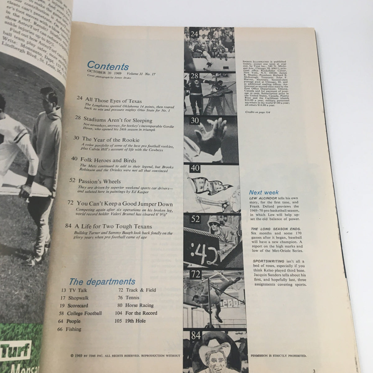 Contents page from Sports Illustrated Magazine, October 20, 1969 featuring articles and highlights including Brooks Robinson Challenges The Mets.