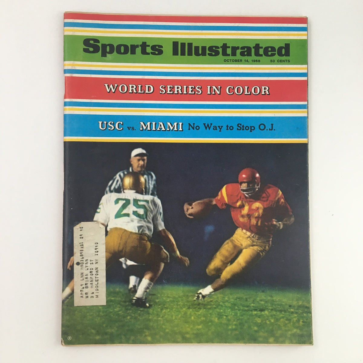 Cover of Sports Illustrated Magazine from October 14, 1968, featuring the headline 'No Way To Stop O. J. Simpson' with vibrant colors and images related to USC vs. Miami.