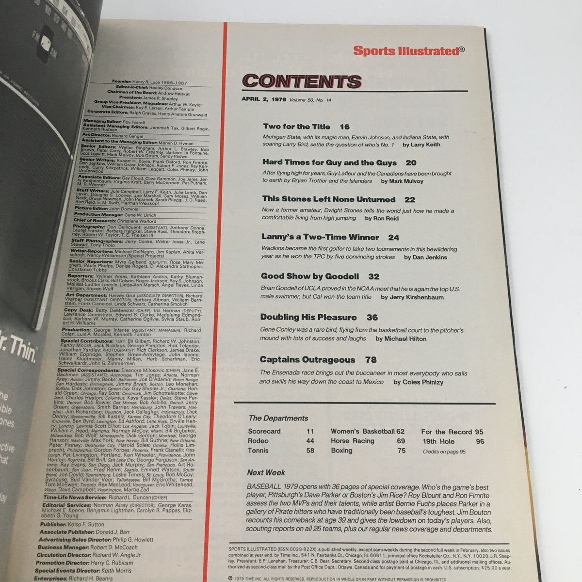Contents page of Sports Illustrated Magazine April 2 1979, detailing articles including 'Two for the Title' featuring Earvin Johnson.