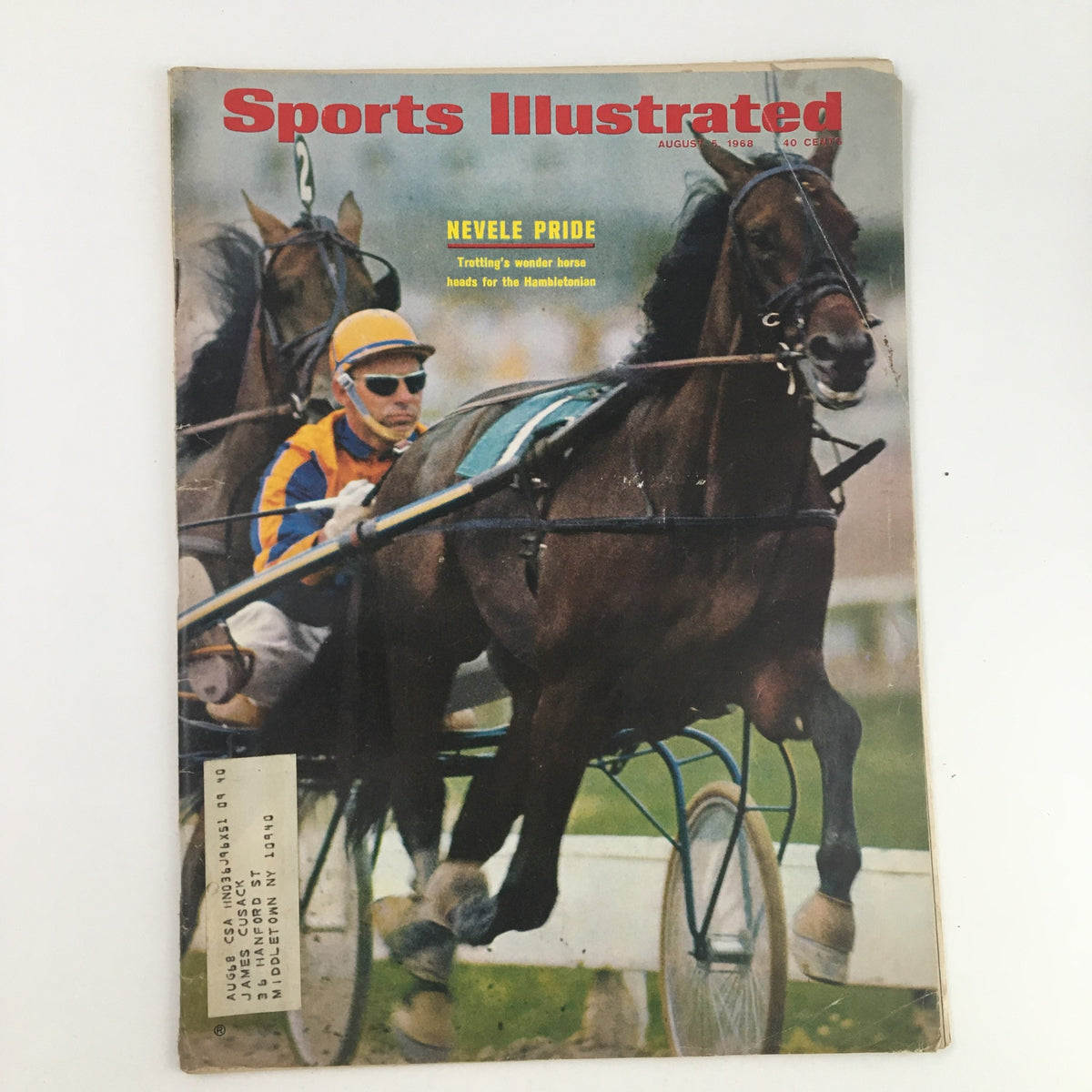 Cover of Sports Illustrated Magazine from August 5, 1968 featuring Nevele Pride, a renowned harness racehorse, showcasing the vibrant colors and dynamic action of harness racing.