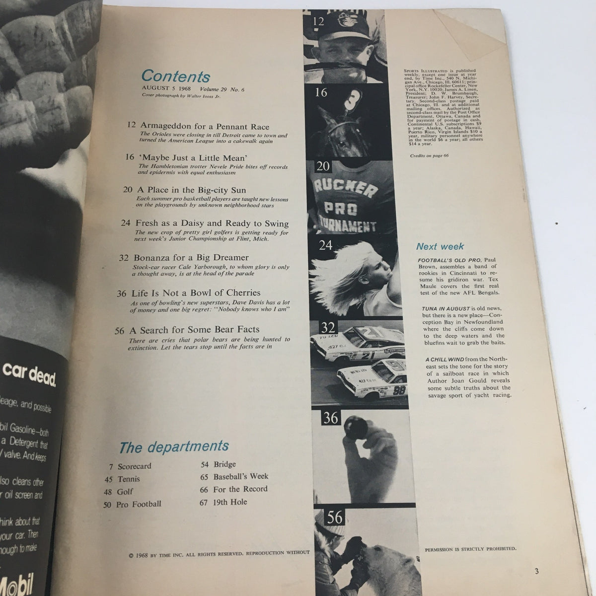 Contents page of Sports Illustrated Magazine August 5, 1968, detailing articles, including one on Nevele Pride, with a layout highlighting various sports topics and photography.