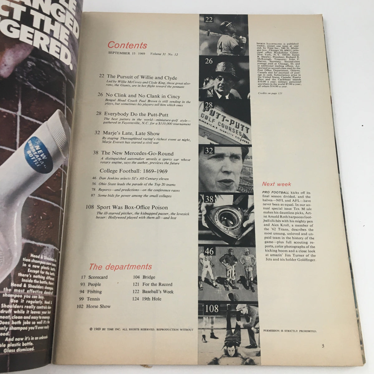 Table of contents from the September 15, 1969 edition of Sports Illustrated Magazine featuring articles related to college football and other sports.