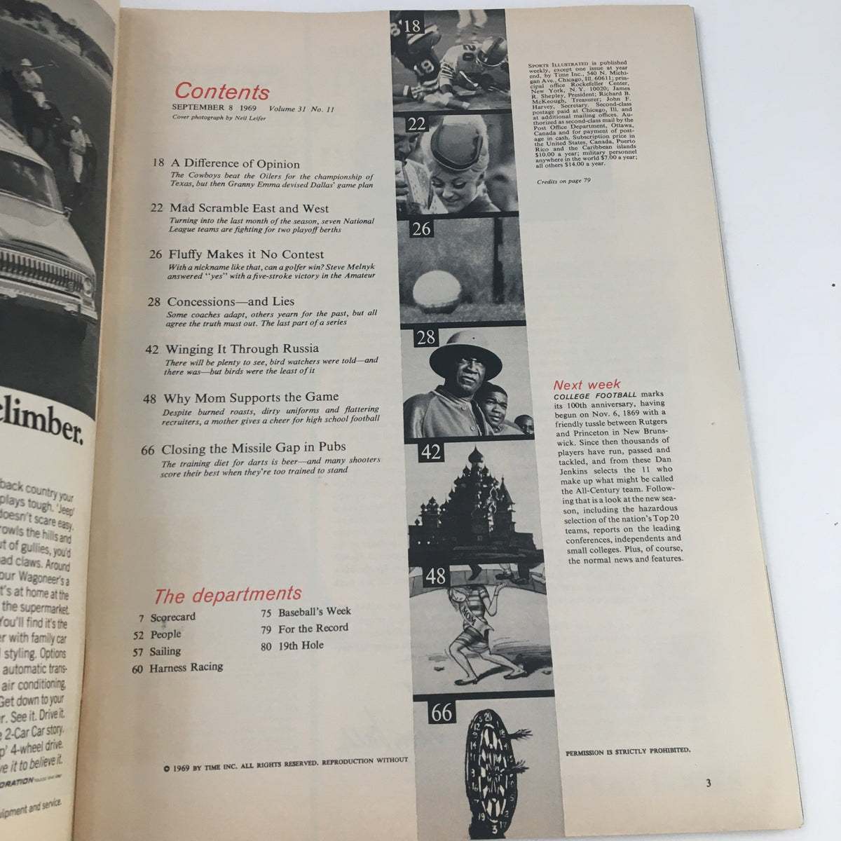 Contents page of Sports Illustrated Magazine September 8 1969, highlighting articles and sections, providing a glimpse into the sports journalism of the era.
