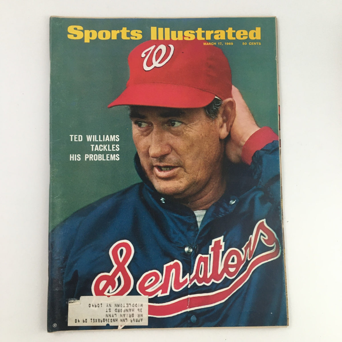 Cover of Sports Illustrated Magazine dated March 17, 1969 featuring Ted Williams tackling his problems, showcasing the iconic actor in a Washington Senators cap.