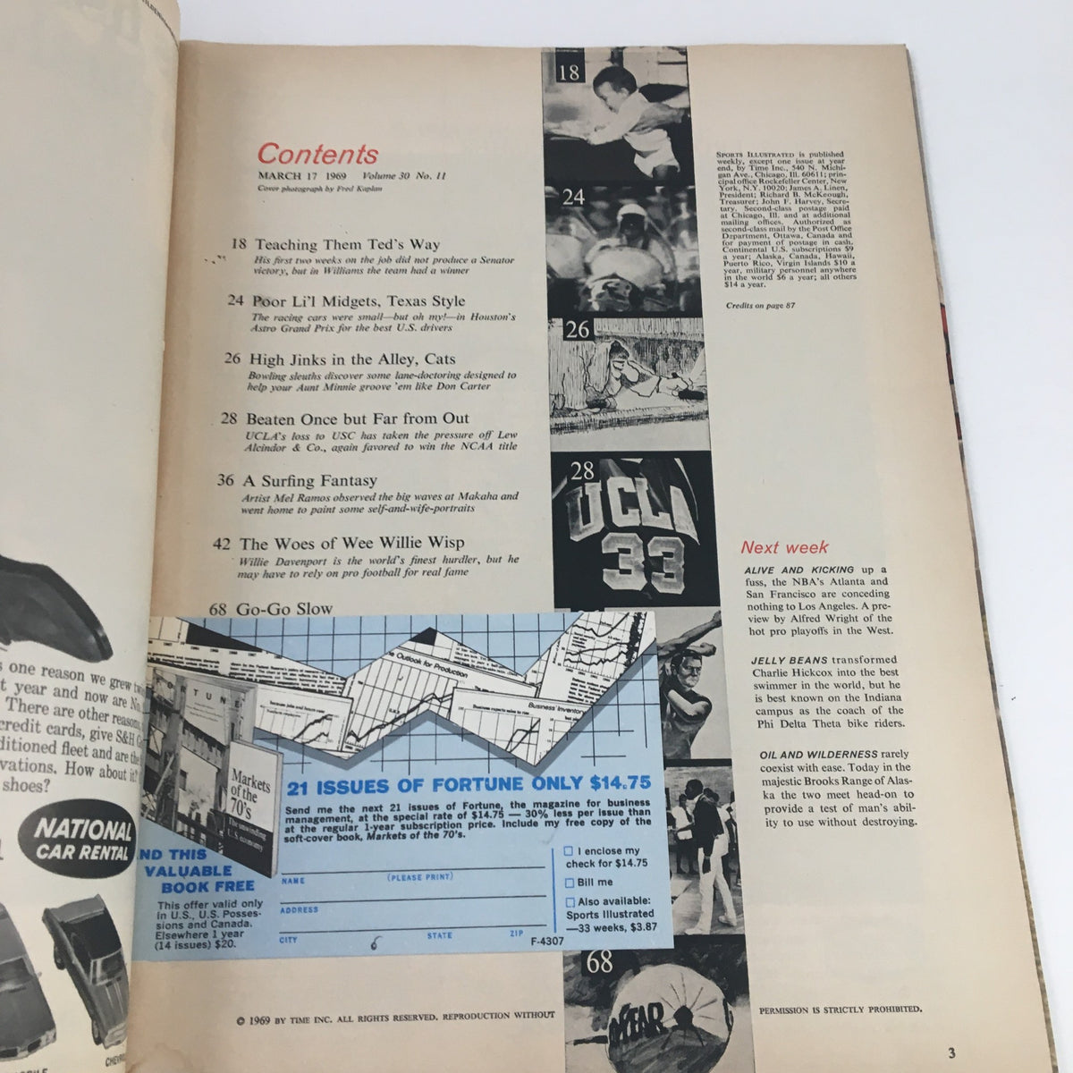 Contents page of Sports Illustrated Magazine March 17, 1969, outlining articles including features on Ted Williams, baseball, and sports history.