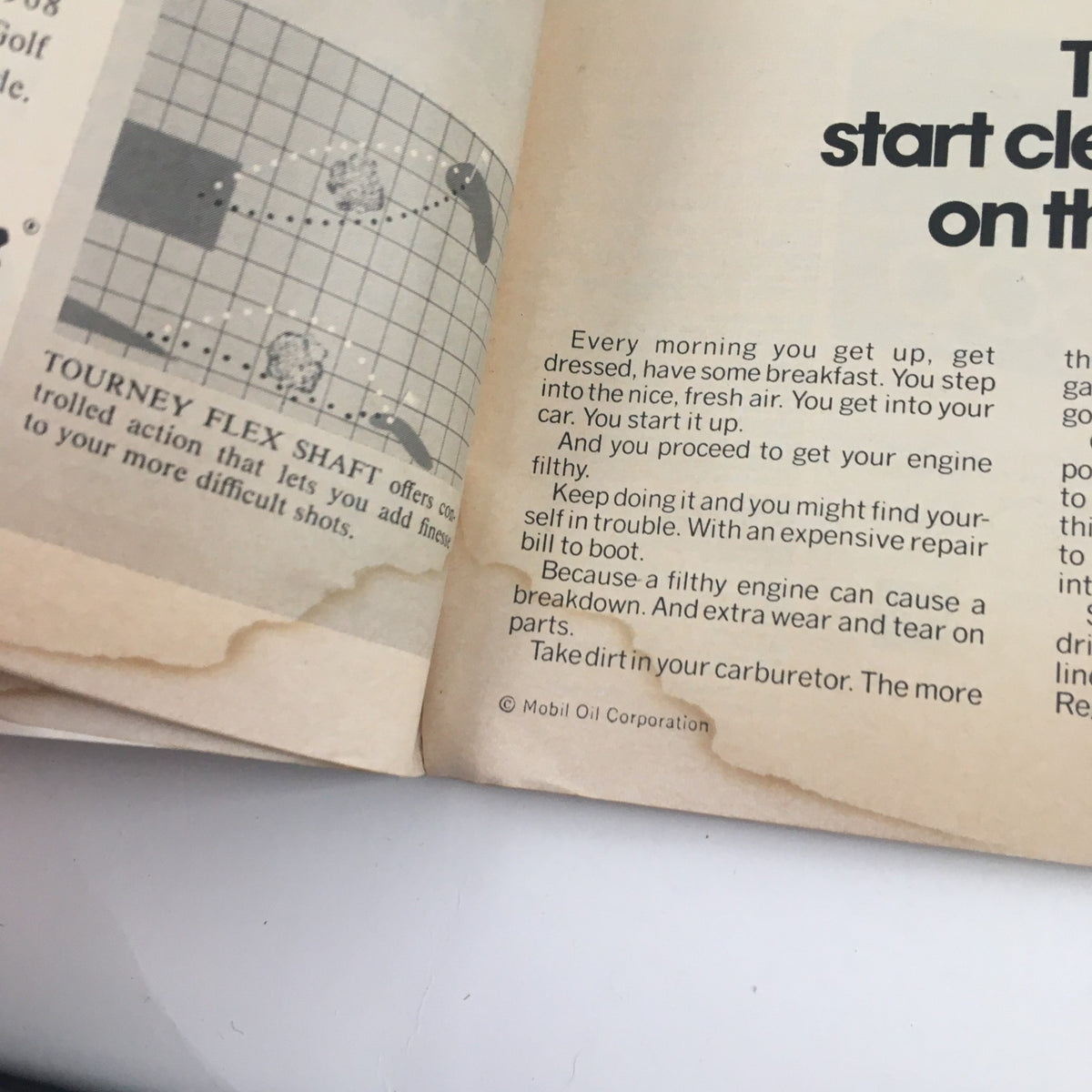 Inside page of Sports Illustrated Magazine June 24 1968 featuring the Tourney Flex Shaft advertisement, discussing maintaining vehicle engines with a focus on cleanliness and performance.