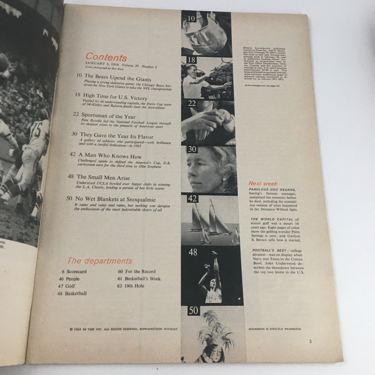 Contents page of Sports Illustrated Magazine January 6, 1964, showcasing article headings including 'Sportsman of the Year' and upcoming topics, highlighting the magazine's editorial structure.