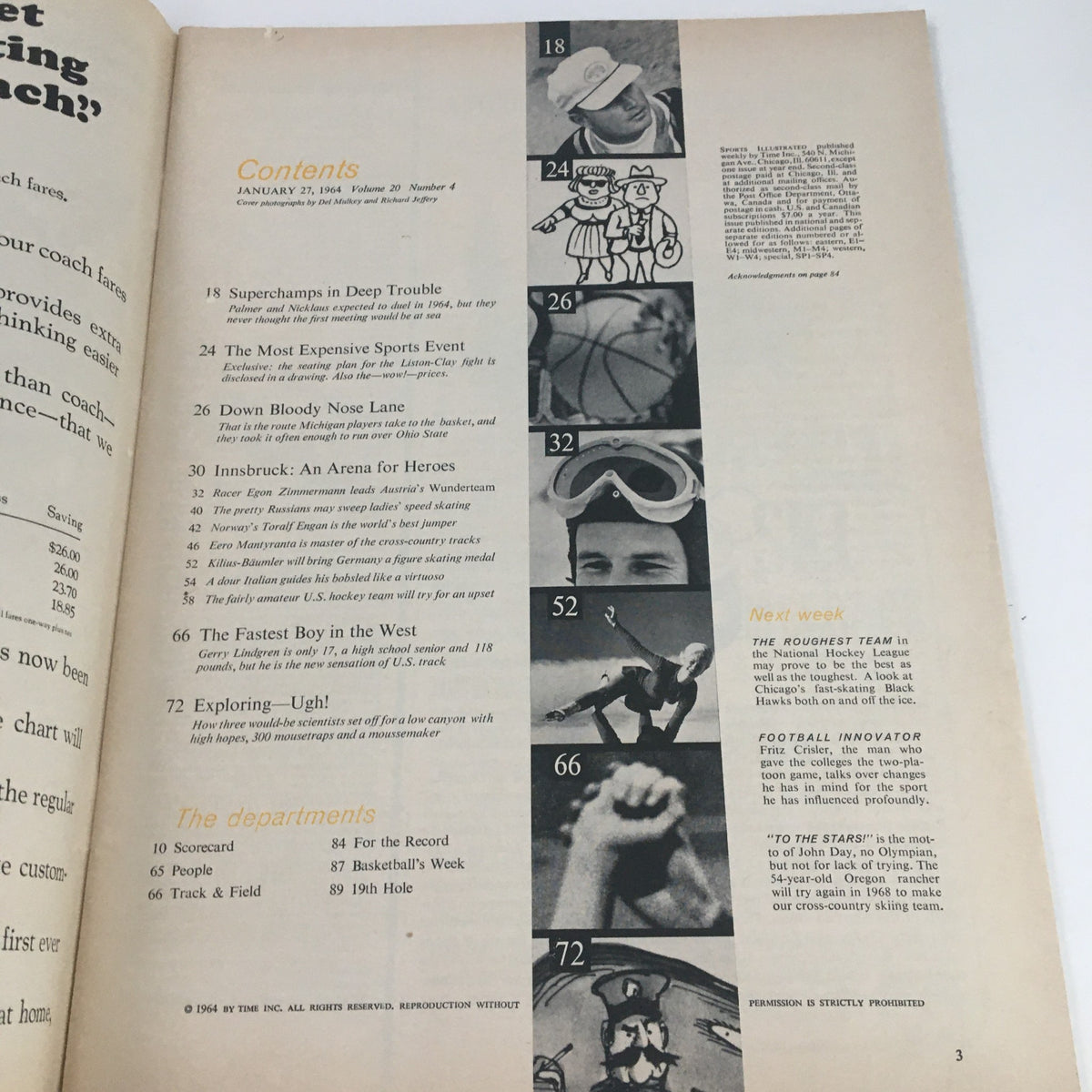 Contents page of Sports Illustrated Magazine January 27, 1964, detailing feature articles, including sports and Olympic events, alongside vintage illustrations.