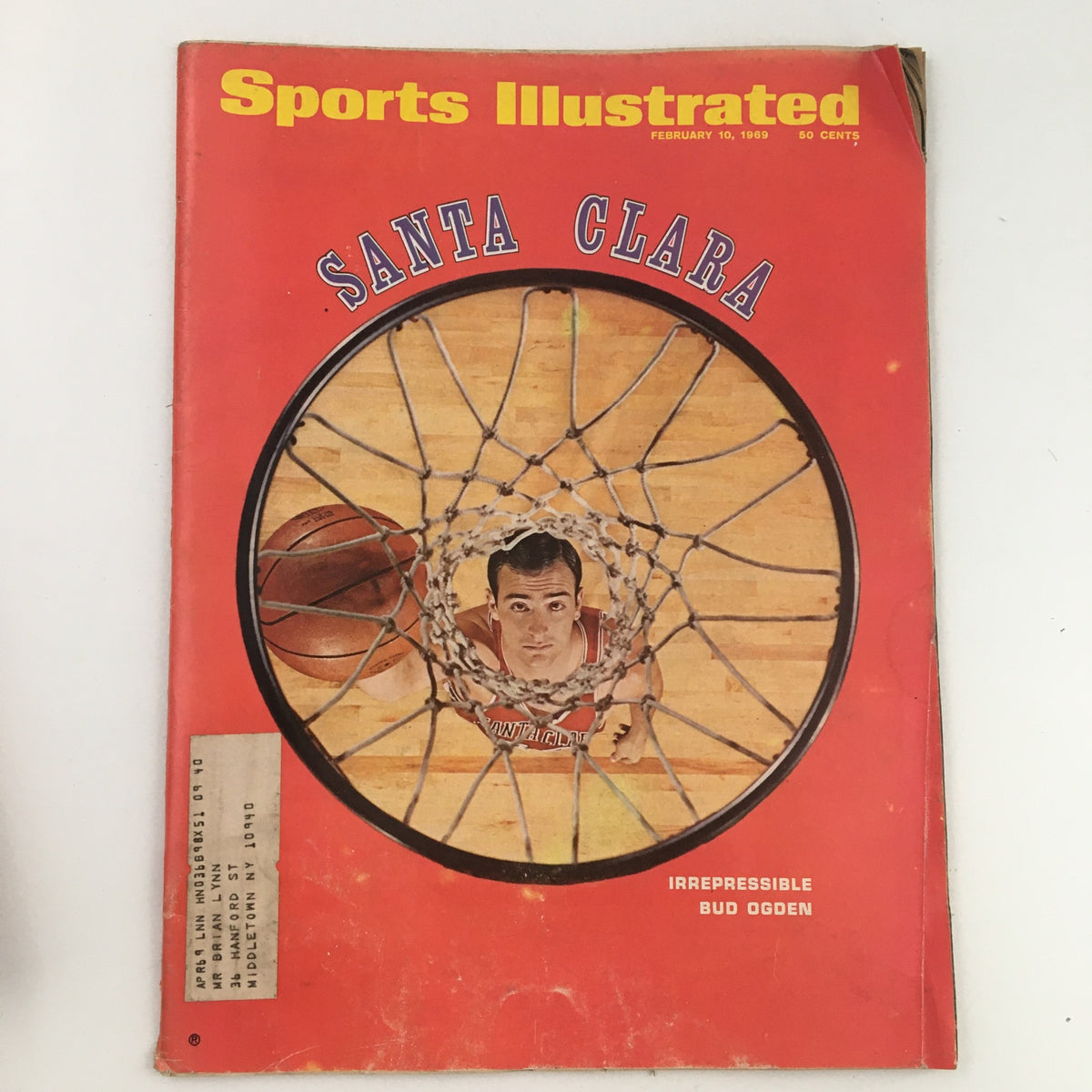 Sports Illustrated Magazine February 10 1969 cover featuring Bud Ogden, showcasing a basketball theme with a striking red background and a photo of Ogden inside a basketball hoop.