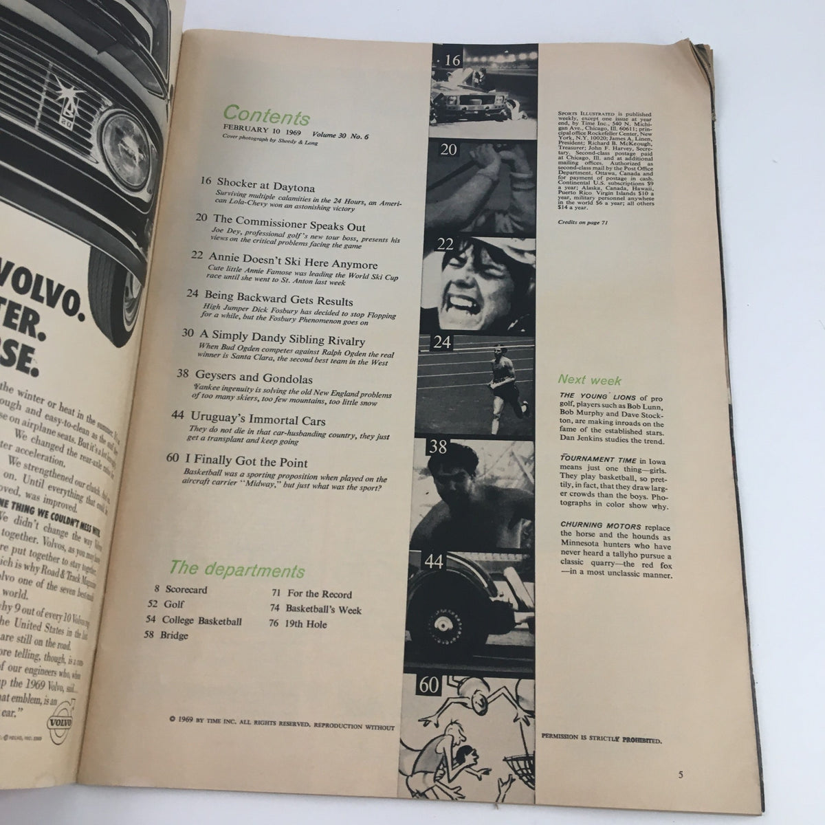 Contents page of Sports Illustrated Magazine February 10 1969, displaying the list of articles, including sports features and topics from that issue.