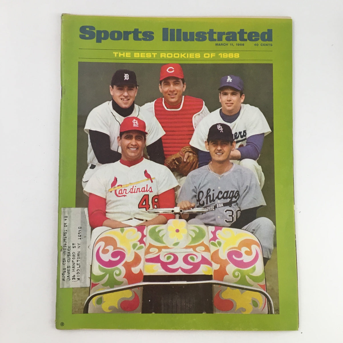 Cover of Sports Illustrated Magazine March 11, 1968 showcasing the best rookies of 1968 with five players in baseball uniforms, set against a vibrant green background.