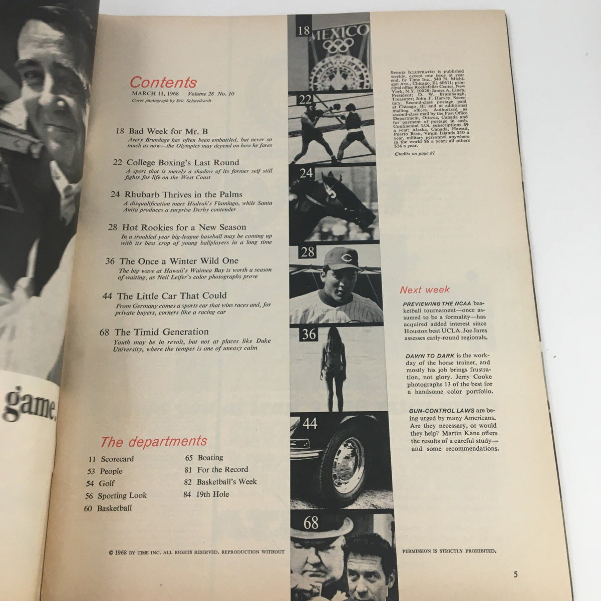 Contents page of Sports Illustrated Magazine March 11, 1968 listing featured articles including 'Rhubarb Thrives in the Palms' and 'Hot Rookies for a New Season', illustrating the diverse sports topics of the time.