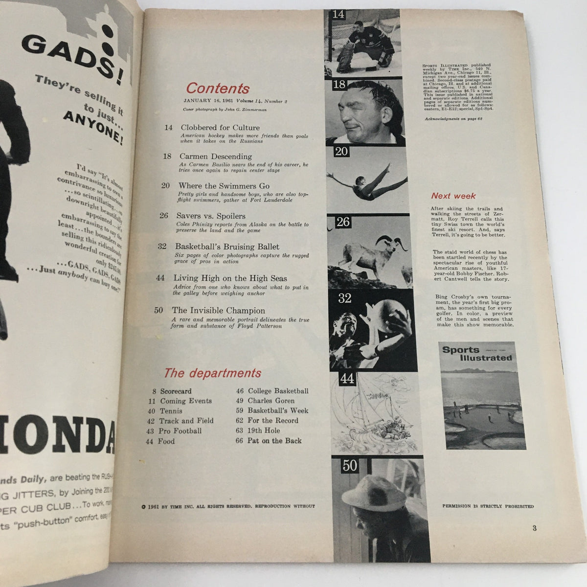 Table of contents page from Sports Illustrated Magazine January 16 1961, outlining articles and features including 'Basketball's Bruising Ballet'.