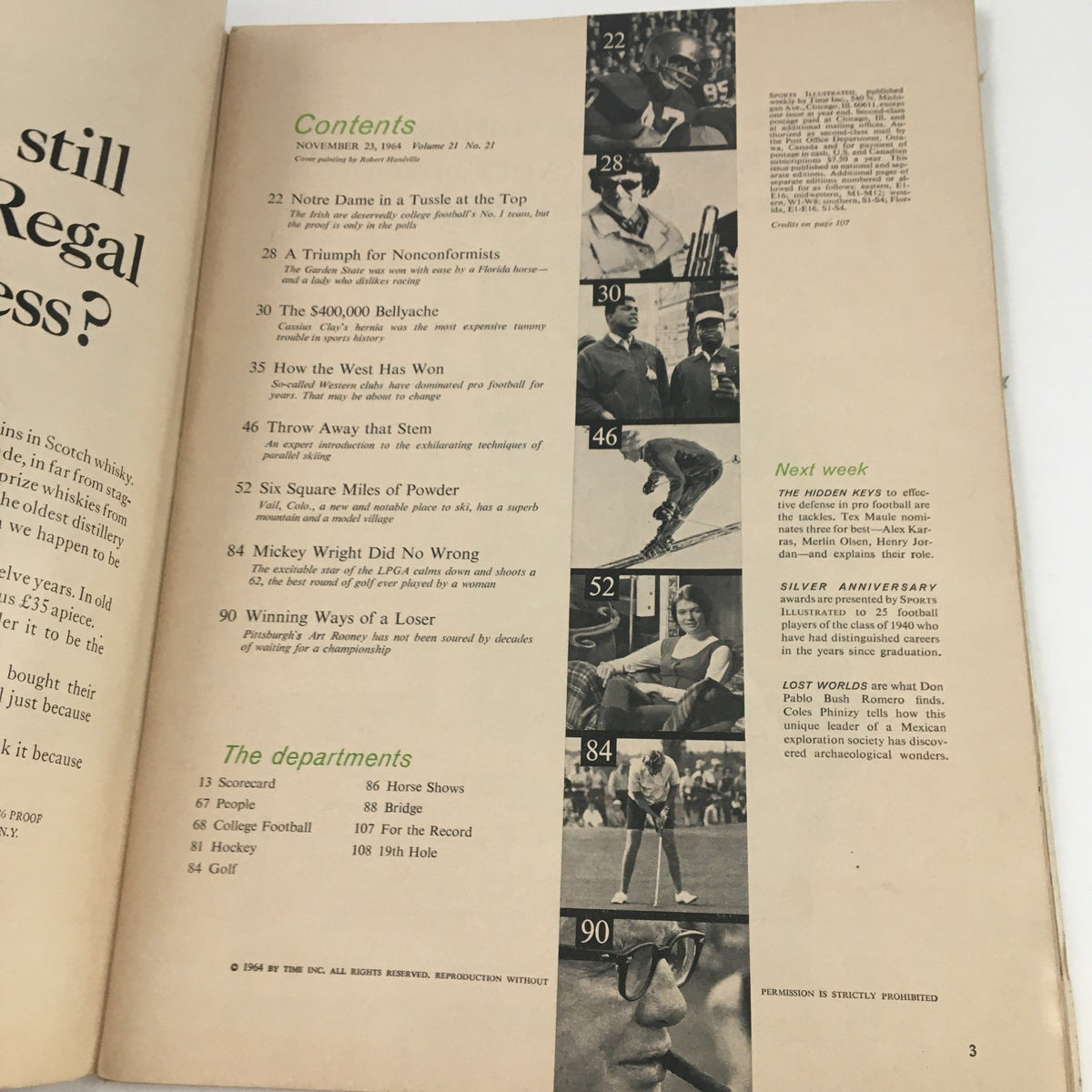 Contents page of Sports Illustrated Magazine from November 23, 1964, featuring articles on football, skiing, and other sports. Includes highlights such as 'Notre Dame in a Tussle at the Top', 'Triumph for Nonconformists', and 'Throw Away that Stem'.