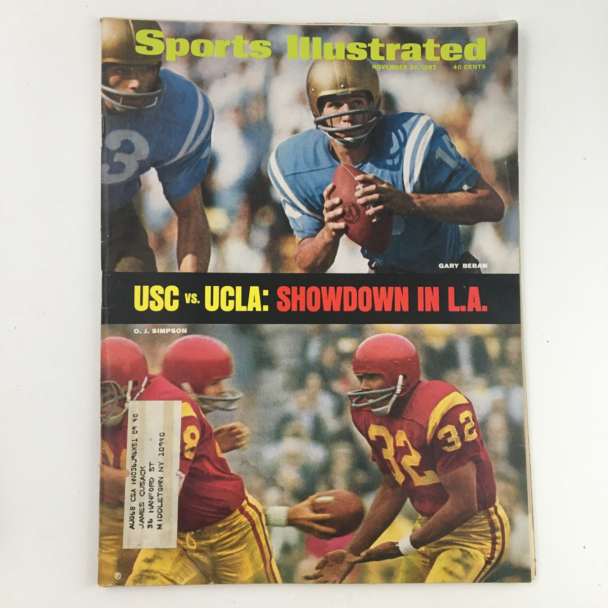 Sports Illustrated Magazine November 20 1967 cover featuring a historic college football matchup between Gary Beban and O.J. Simpson, showcasing vibrant colors and dynamic imagery of the players on the field.
