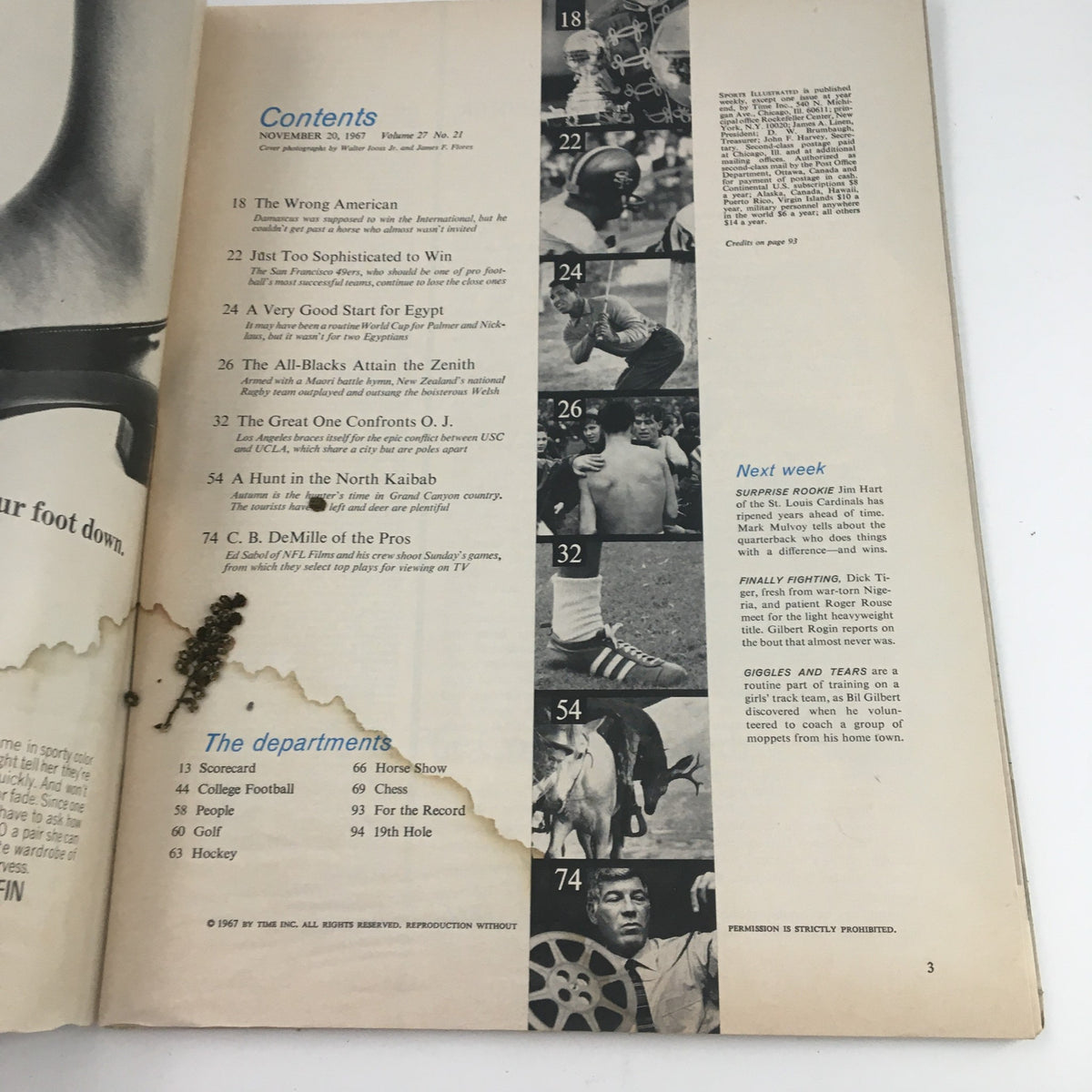 Inside contents page of Sports Illustrated Magazine from November 20, 1967, showcasing articles including Gary Beban vs O.J. Simpson showdown and other sports highlights.
