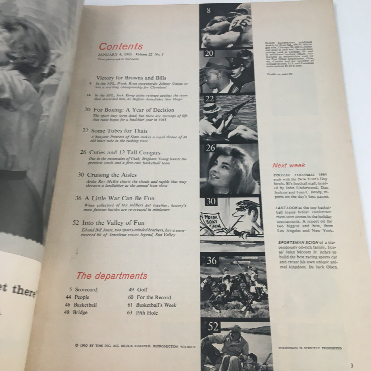 Contents page of Sports Illustrated Magazine January 4, 1965 listing articles including coverage of the NFL and sports culture from that era.