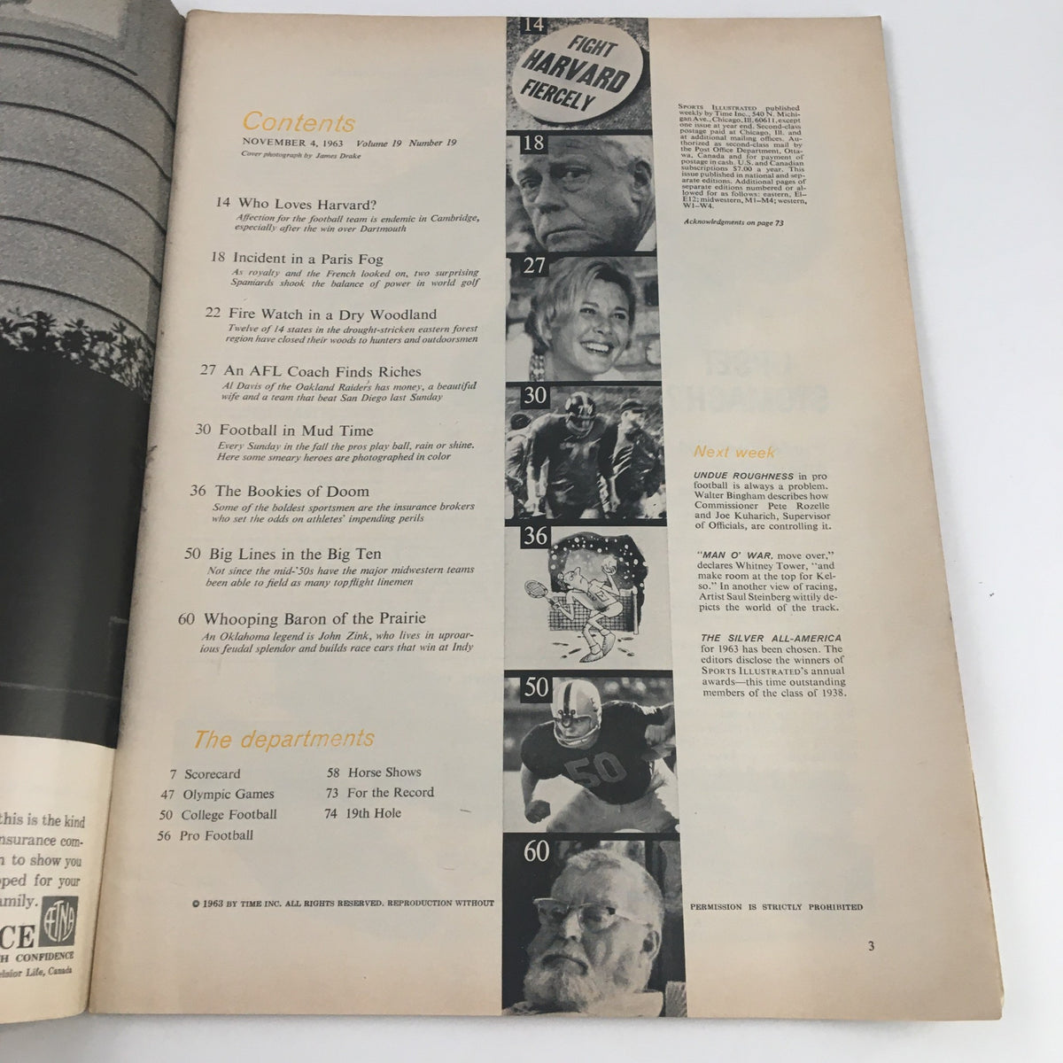 Contents page of Sports Illustrated Magazine from November 4, 1963, featuring various articles including football analysis and illustrations relevant to the magazine's themes.