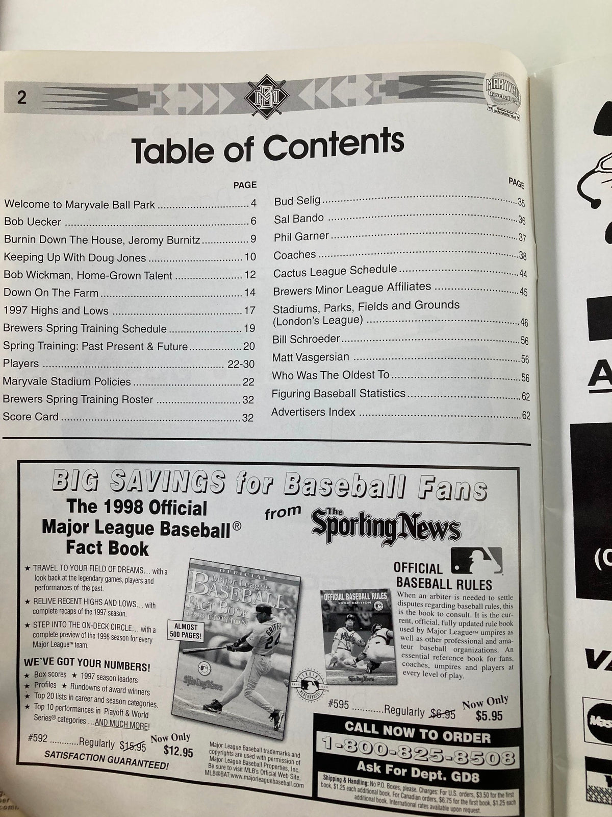 Interior page of the 1998 MLB Milwaukee Brewers Official Spring Training Program featuring the table of contents and details about the Spring Training schedule.