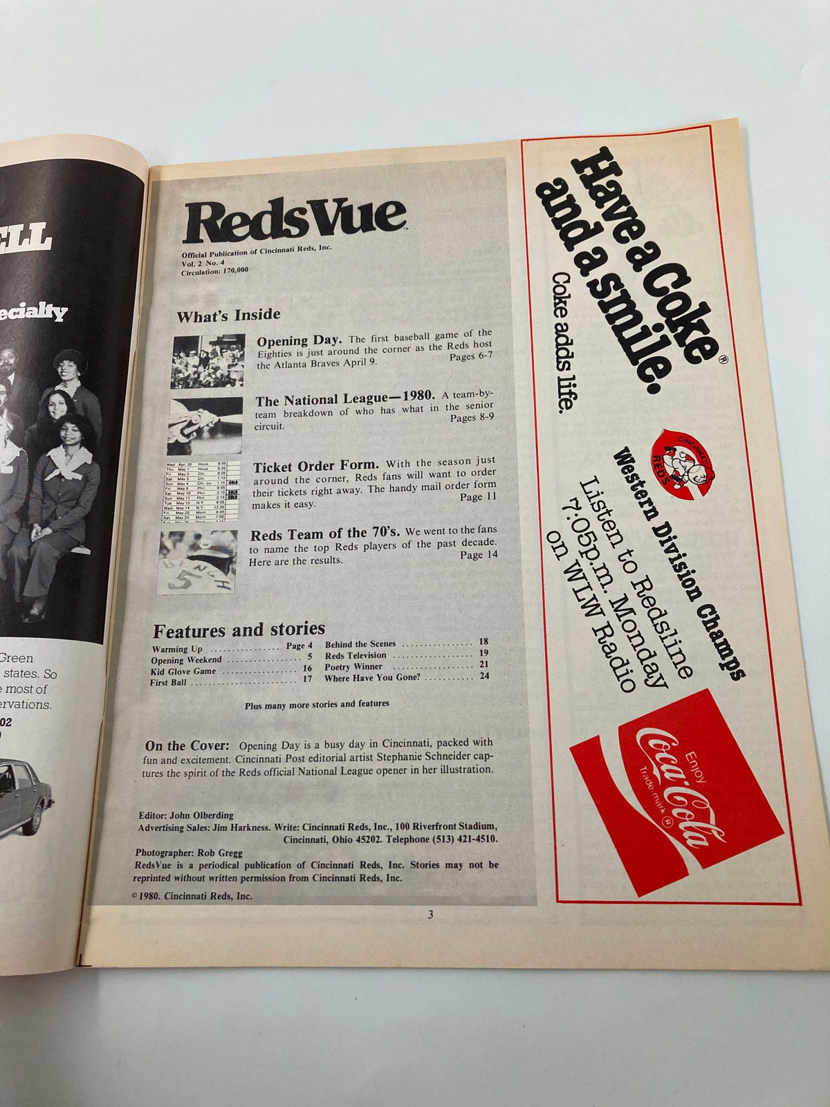 Inside page of April 1980 Vol 2 #4 MLB Cincinnati Reds Reds Vue Official Program highlighting contents and features, including sections on Opening Day, The National League, and advertisements.