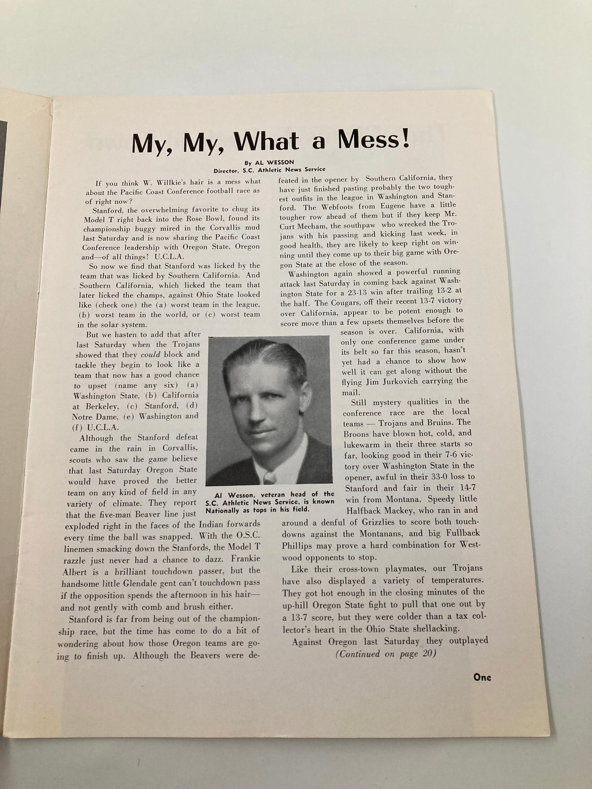 Interior page from the 1941 NCAA Football USC Trojans vs Washington State Cougars Pigskin Review, showcasing an article titled 'My, My, What a Mess!' detailing insights into the teams.