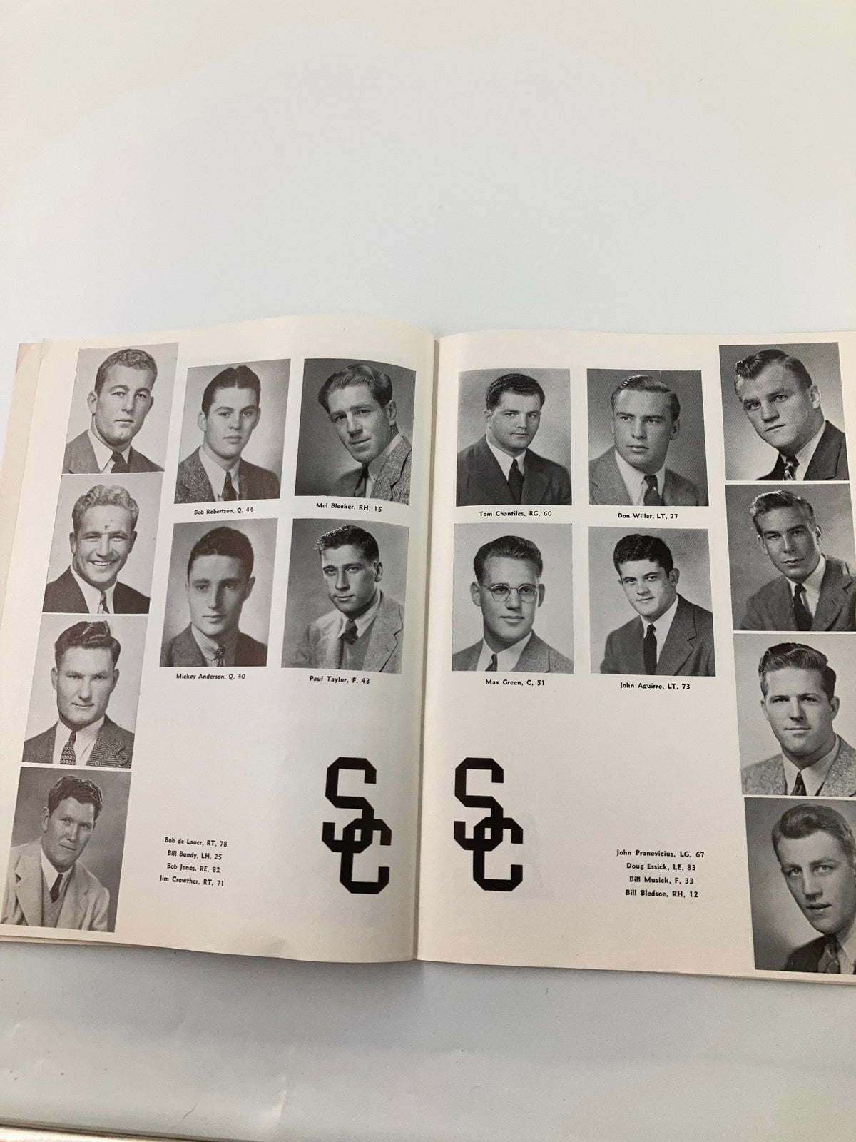 Page from the 1941 NCAA Football USC Trojans vs Washington State Cougars Pigskin Review with photographs of USC Trojans football players and team branding.