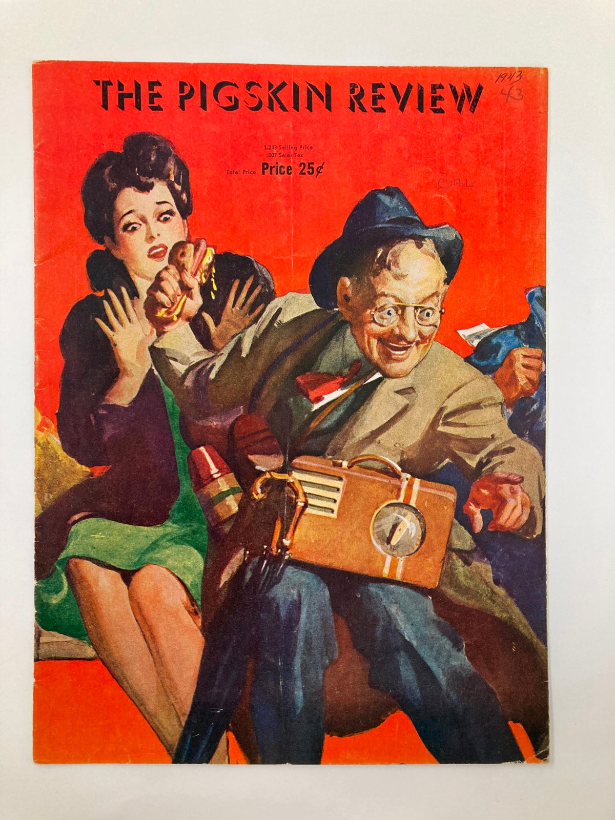 Cover of the 1943 NCAA Football USC Trojans vs USC Golden Bears Pigskin Review, featuring a colorful illustration with an anxious woman and a smiling man holding a camera, highlighting the vintage sports program's charm and historical significance.