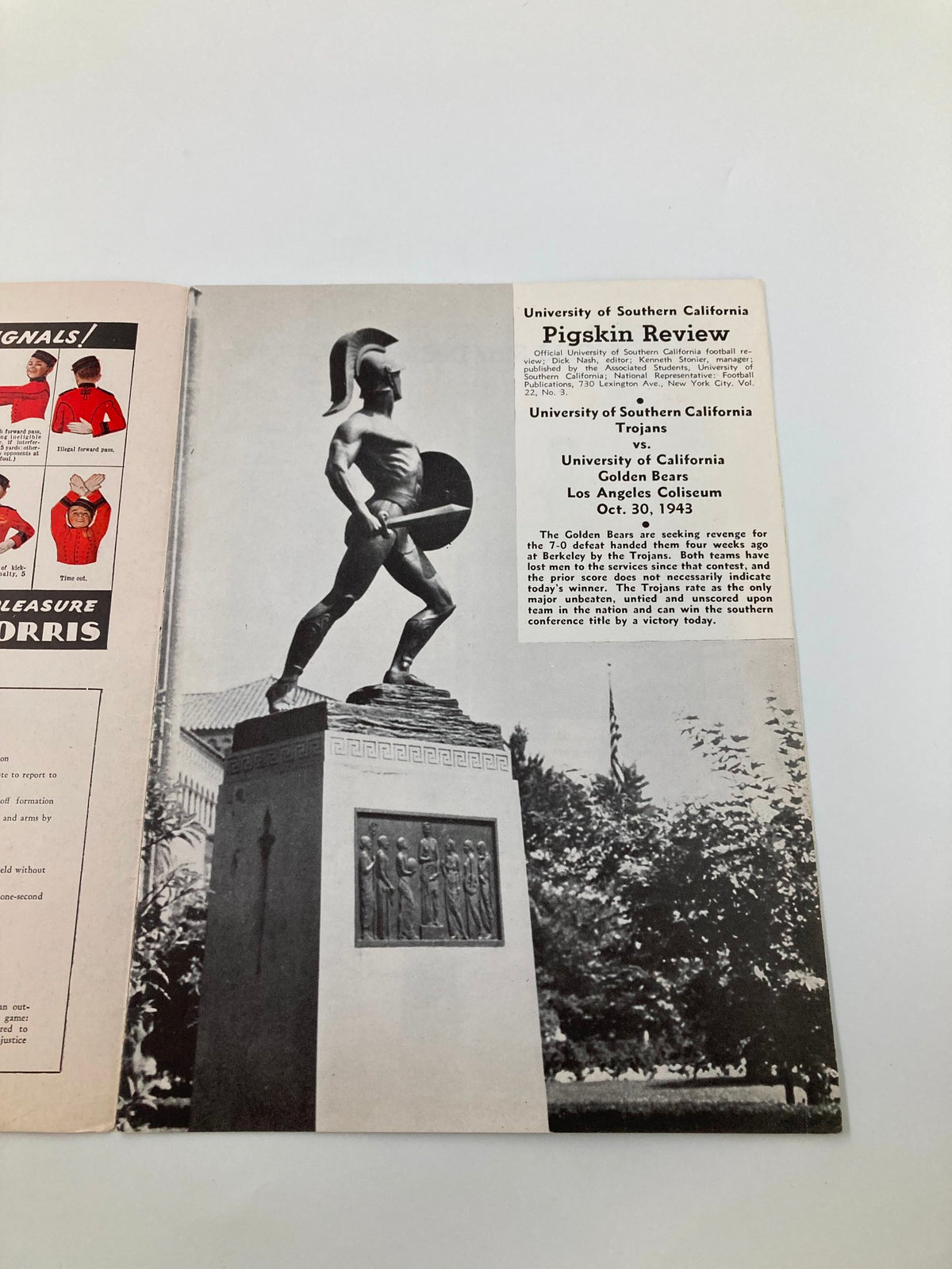 1943 NCAA Football USC Trojans vs USC Golden Bears The Pigskin Review featuring a statue of a Trojan warrior at USC campus.