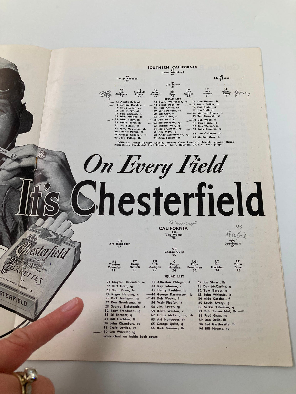 1943 NCAA Football USC Trojans vs USC Golden Bears The Pigskin Review featuring an advertisement for Chesterfield cigarettes along with team lineups.