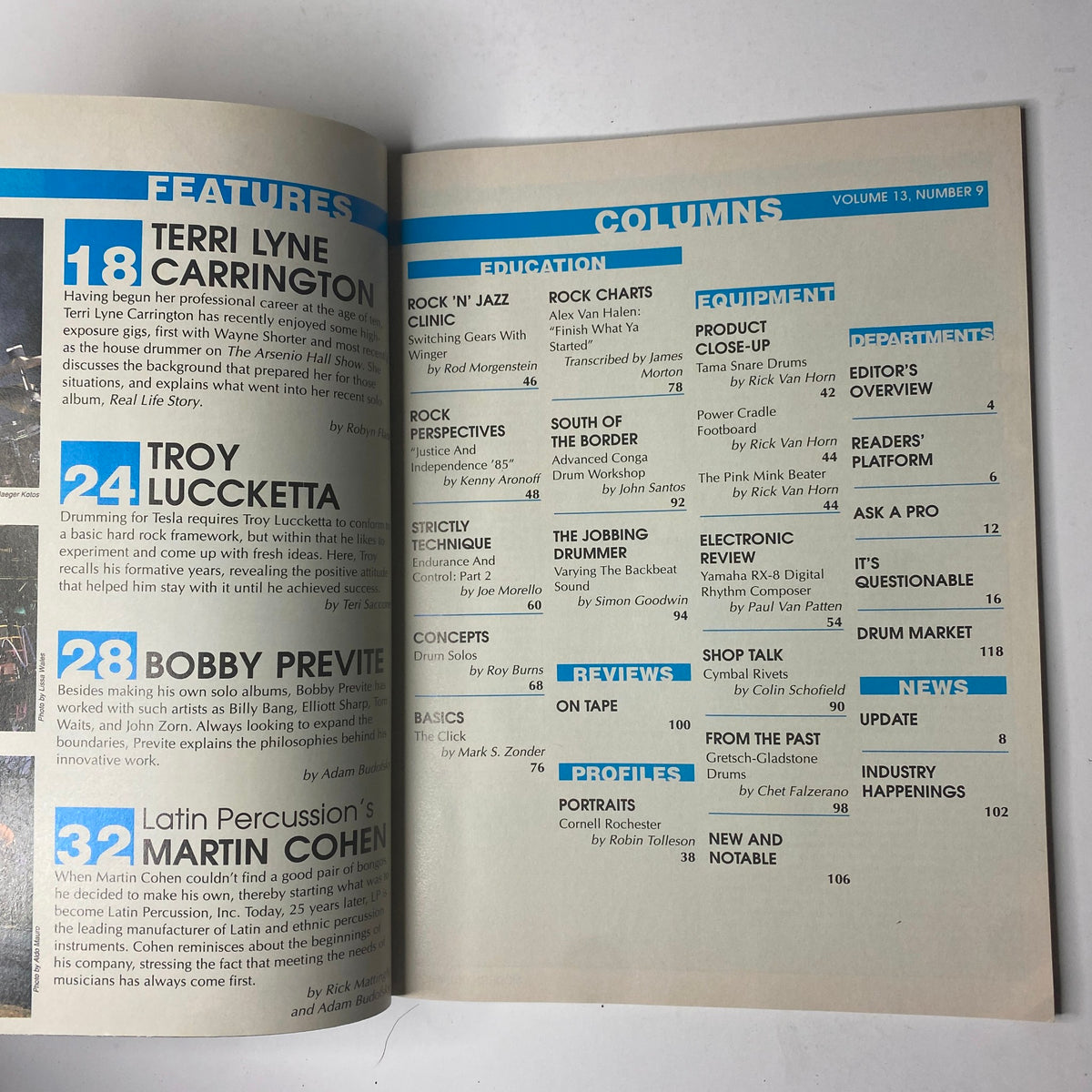 Inside page of Modern Drummer Magazine September 1989 showcasing features including Terri Lyne Carrington, Troy Luccketta, and educational columns.