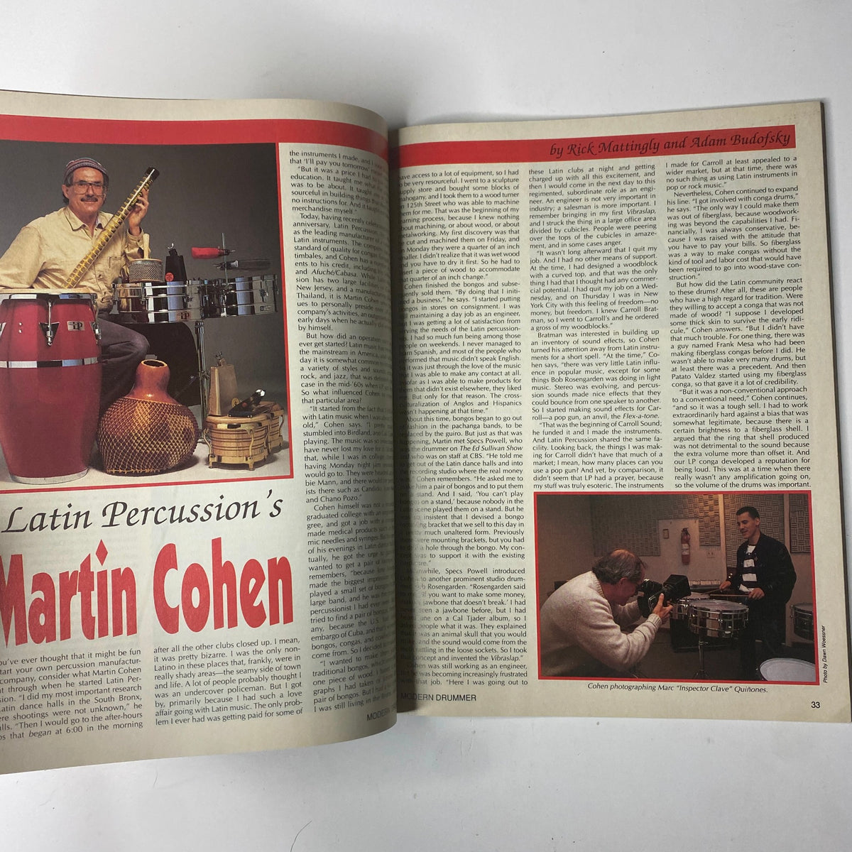 Article from Modern Drummer Magazine September 1989 on Latin Percussion's Martin Cohen, discussing his contributions to percussion gear and music.
