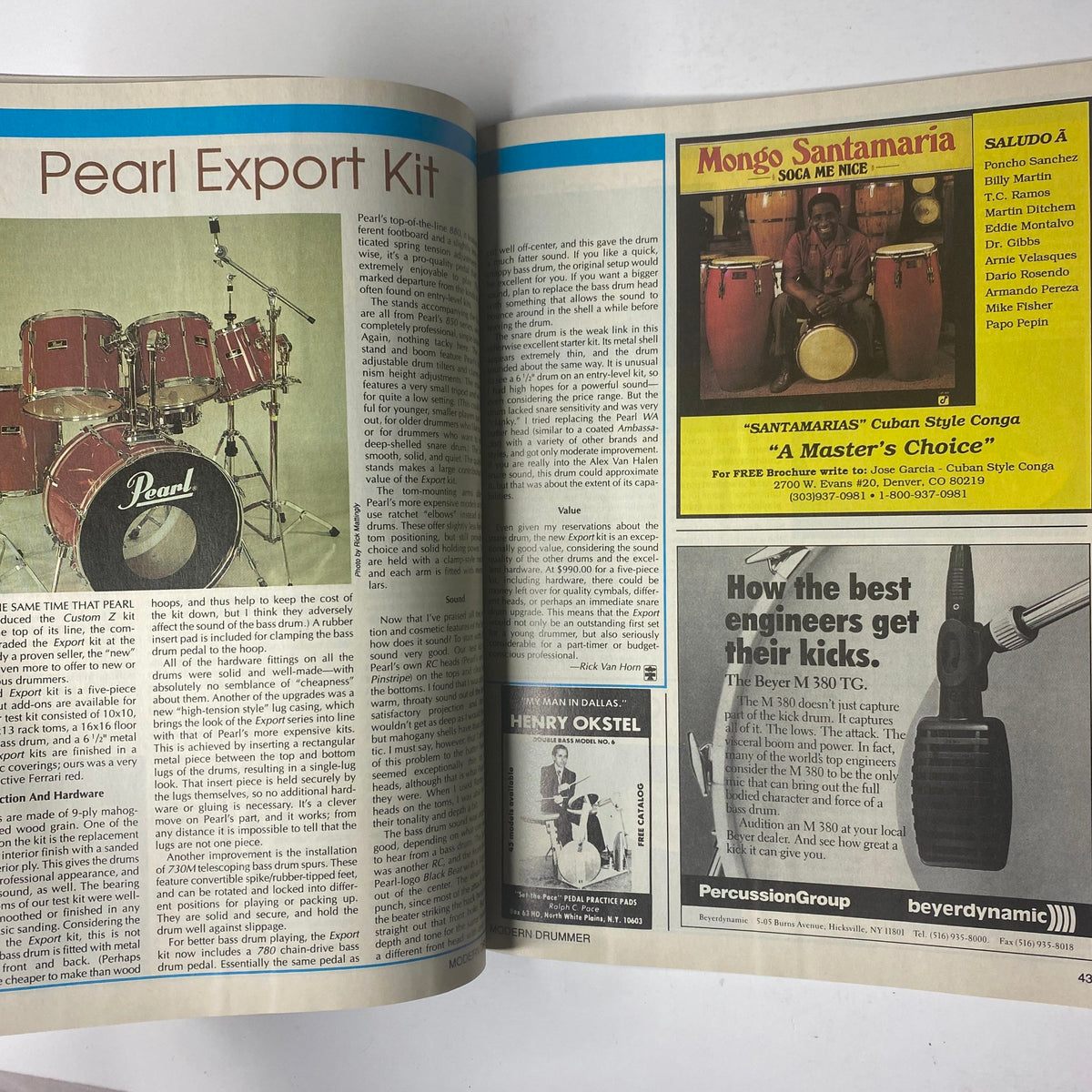 Double page spread from Modern Drummer Magazine August 1989 presenting the Pearl Export Kit review and promotional content for new cymbals.