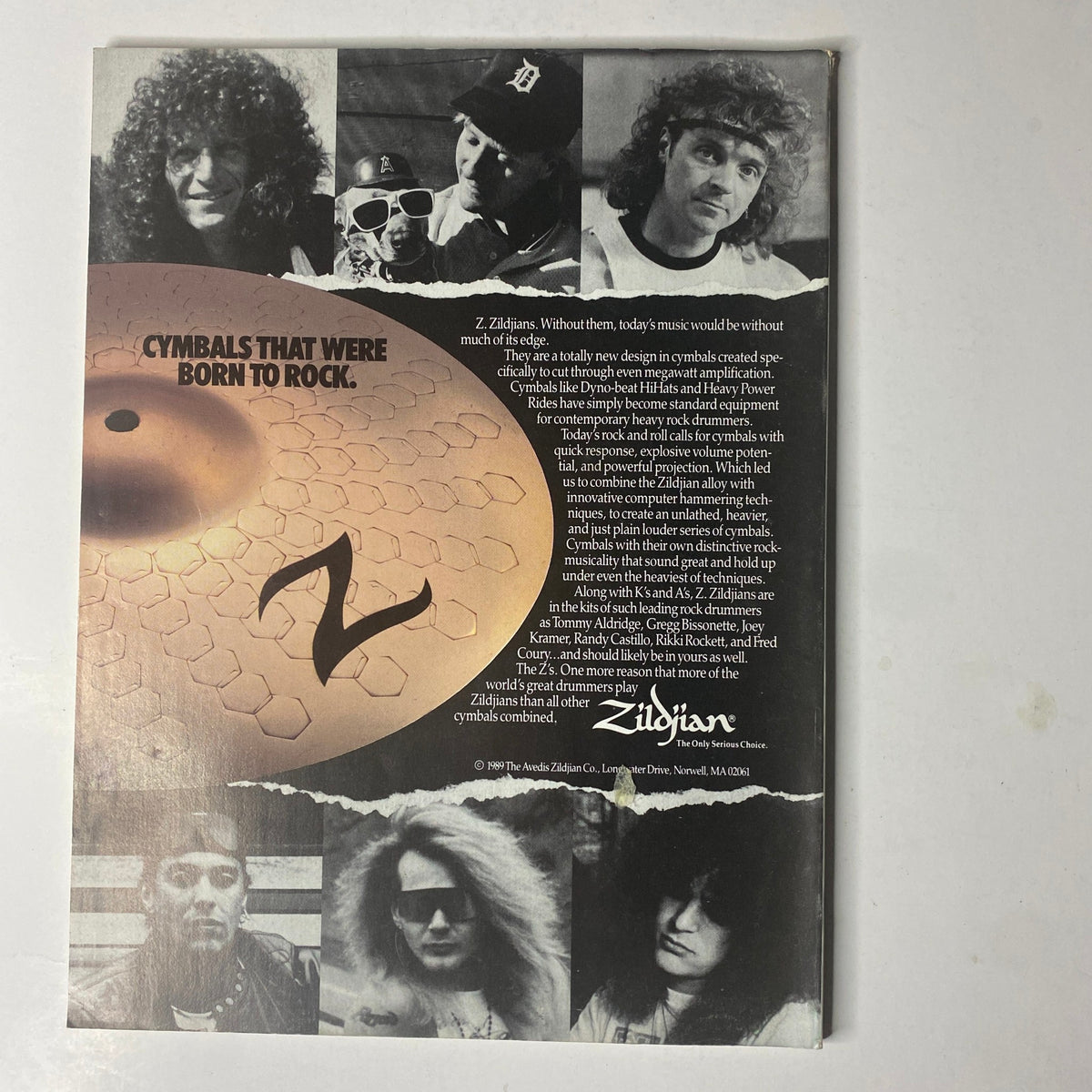 Back cover of Modern Drummer Magazine August 1989 displaying Zildjian cymbals advertisement featuring famous drummers.