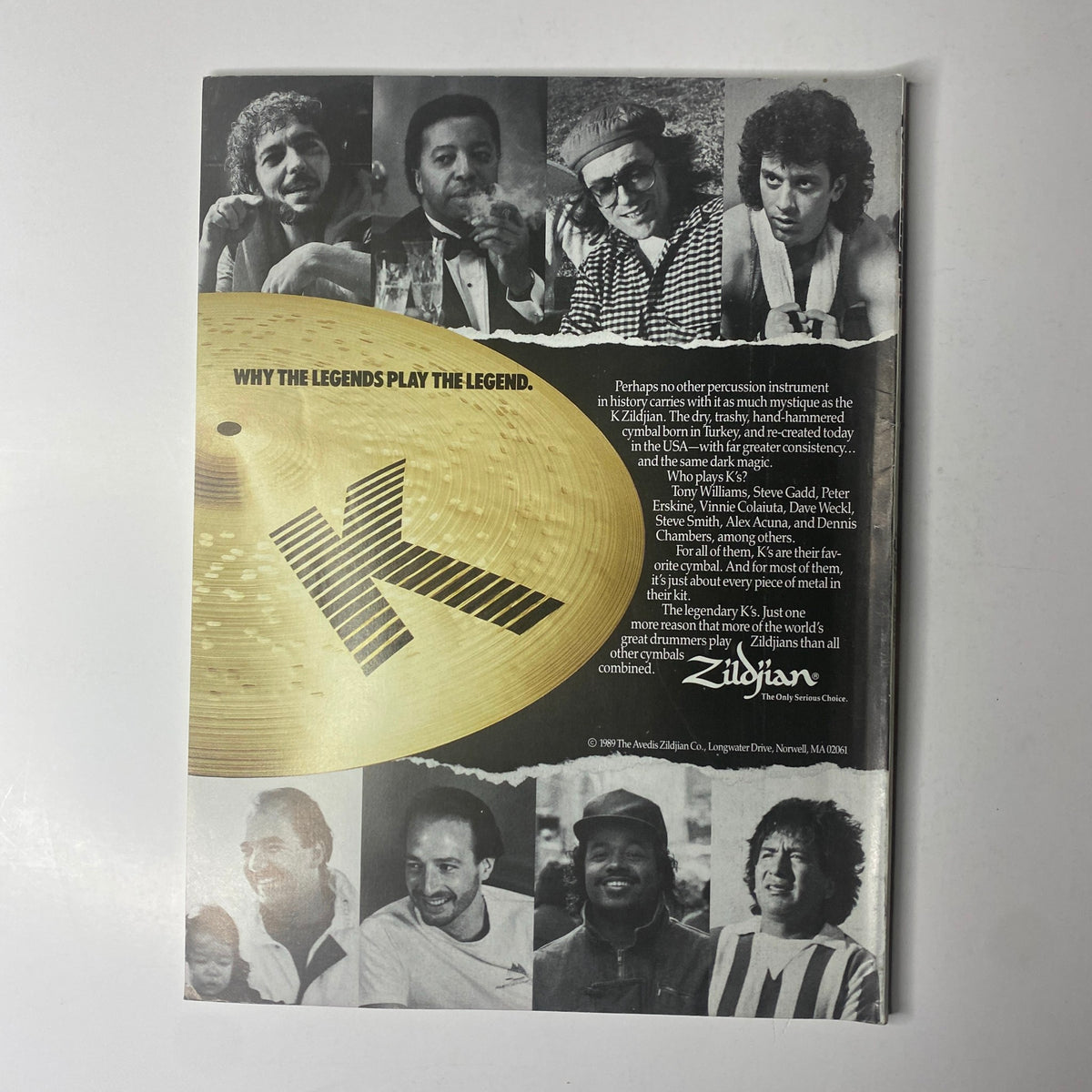 Back cover of Modern Drummer Magazine July 1989 highlighting Zildjian cymbals and featuring portraits of legendary drummers, promoting the brand's excellence.