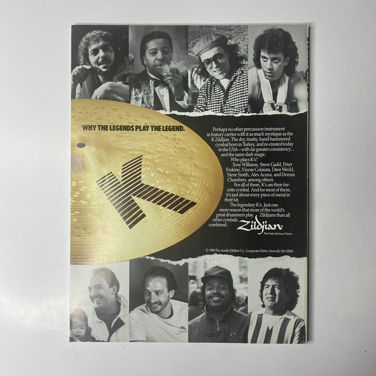 Zildjian advertisement featuring various legendary drummers, illustrating why the legends play Zildjian cymbals, as seen in Modern Drummer Magazine June 1989.