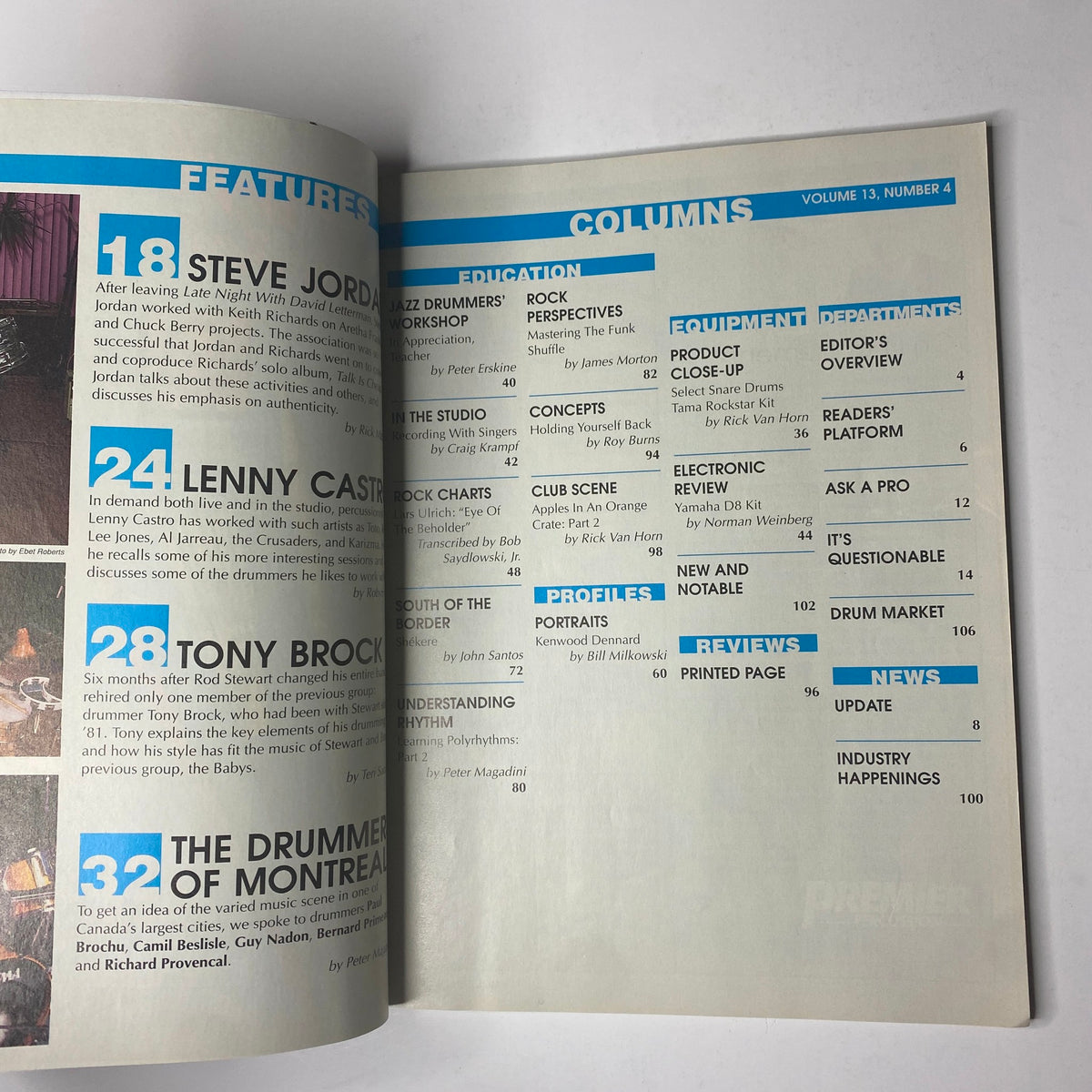 Interior page of Modern Drummer Magazine April 1989 listing features including articles on Steve Jordan, Lenny Castro, Tony Brock, and educational columns on drumming techniques.