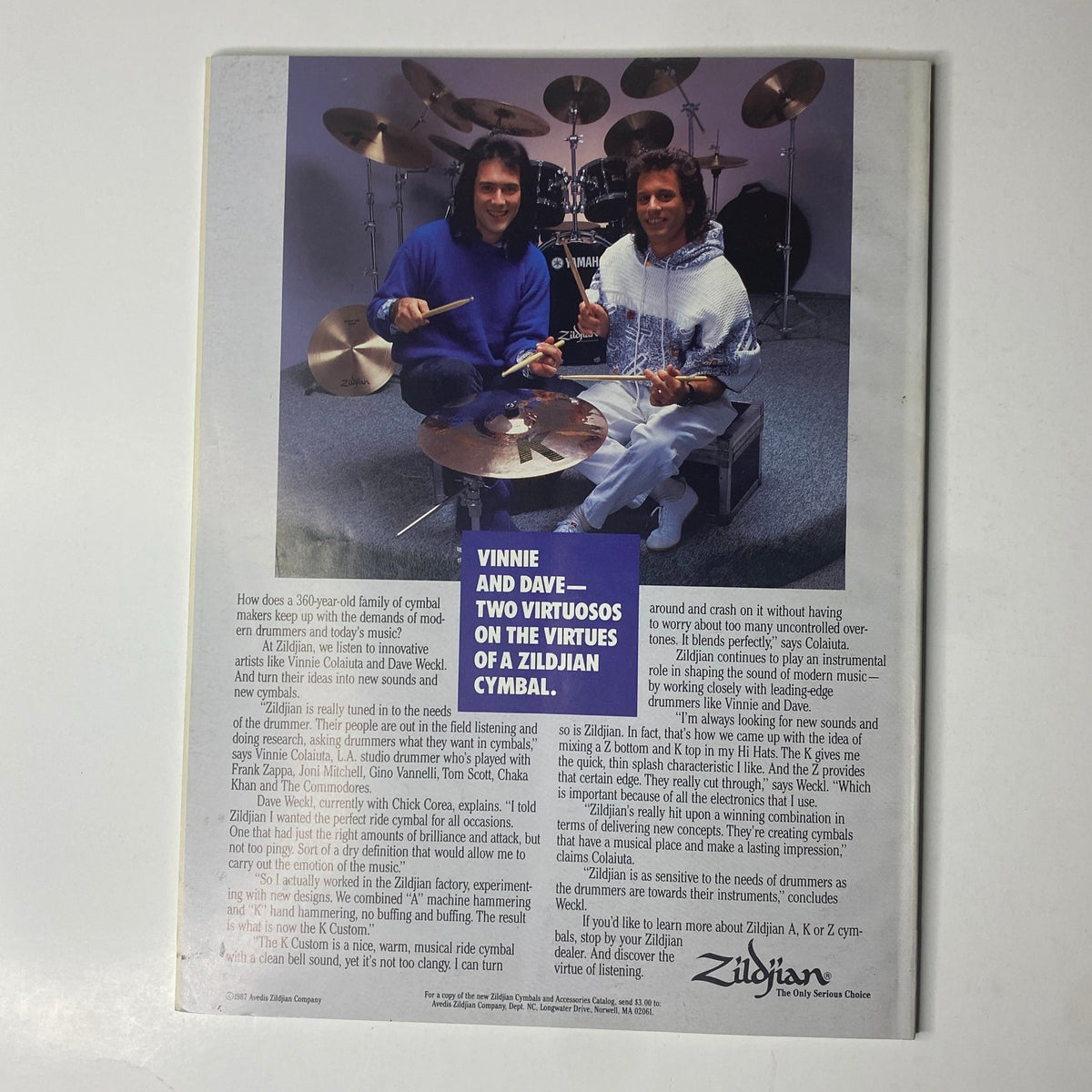 Back cover of Modern Drummer Magazine March 1989 featuring Vinnie Colaiuta and Dave Weckl discussing Zildjian cymbals and their significance in drumming.