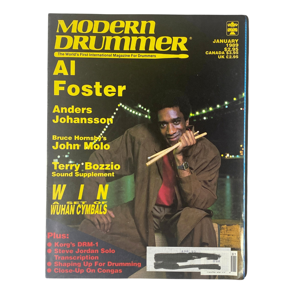 Modern Drummer Magazine January 1989 featuring Al Foster on the cover, highlighting jazz drummer Al Foster along with articles on Anders Johansson, John Molo, and Terry Bozzio's sound supplement.