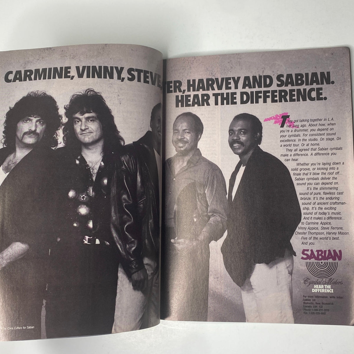 Modern Drummer Magazine January 1989 Al Foster Cover - Image featuring a black and white group photo of notable drummers Carmine Appice, Vinny Appice, Steve Smith, Harvey Mason, and other musicians, promoting Sabian cymbals.