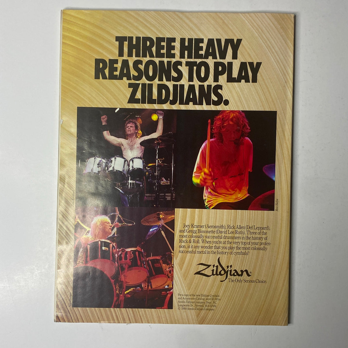 Advertisement from Modern Drummer Magazine December 1988 featuring the title 'Three Heavy Reasons to Play Zildjians'. The image showcases drummers in action, promoting Zildjian cymbals. This ad illustrates the equipment featured in the magazine, aligning with its focus on drumming and musicianship.