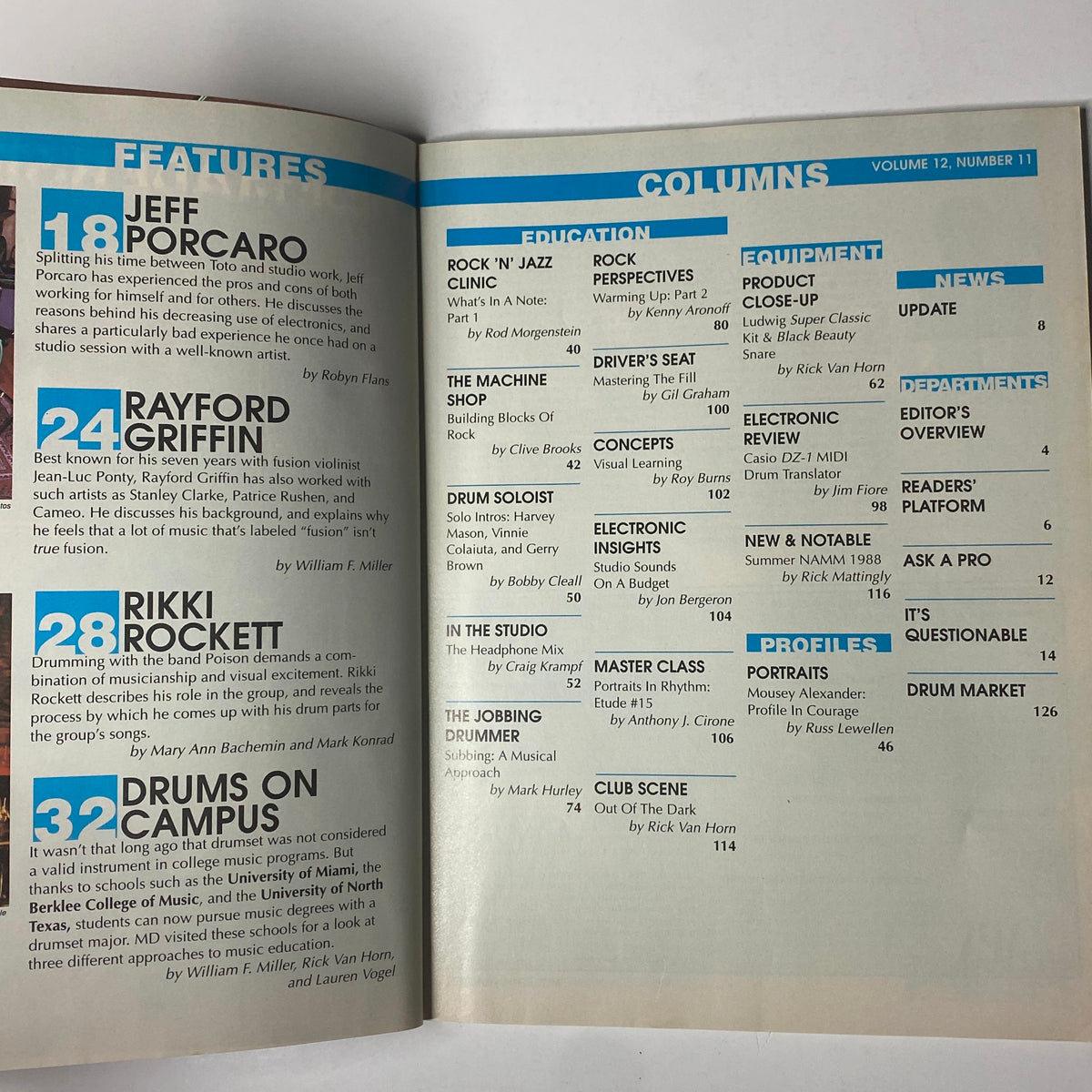 Inside page of Modern Drummer Magazine November 1988, outlining features including Jeff Porcaro and profiles of other drummers.
