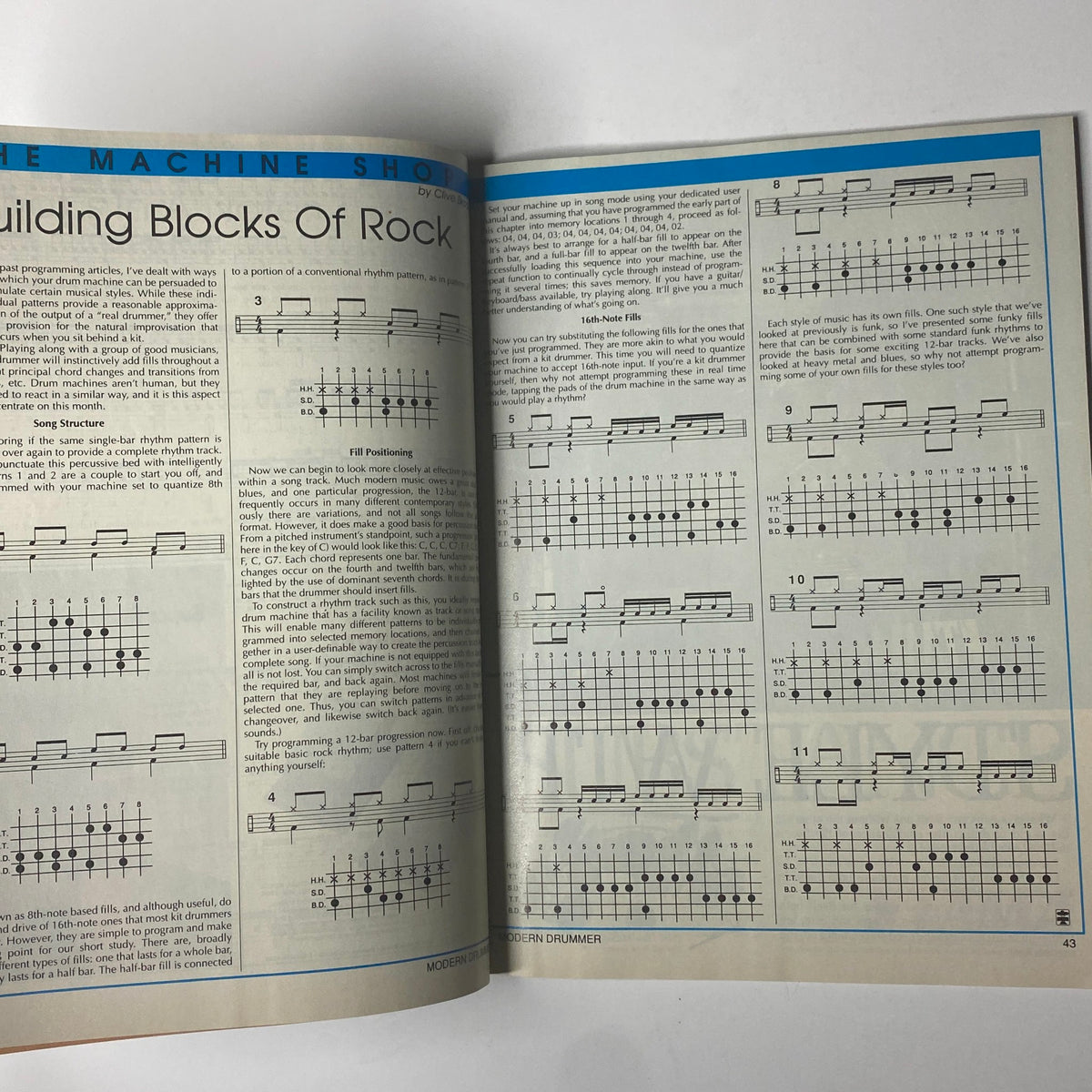 Drumming exercises page from Modern Drummer Magazine November 1988, highlighting the Building Blocks of Rock section with practice notes.