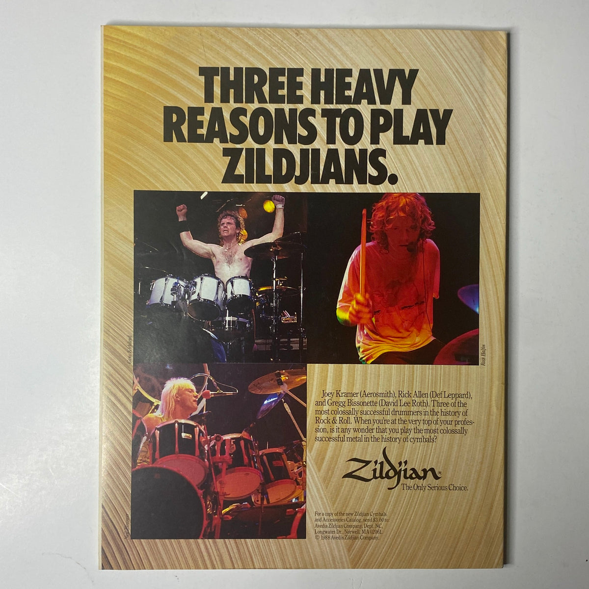 Back cover of Modern Drummer Magazine November 1988, featuring an advertisement for Zildjian cymbals with images of renowned drummers.