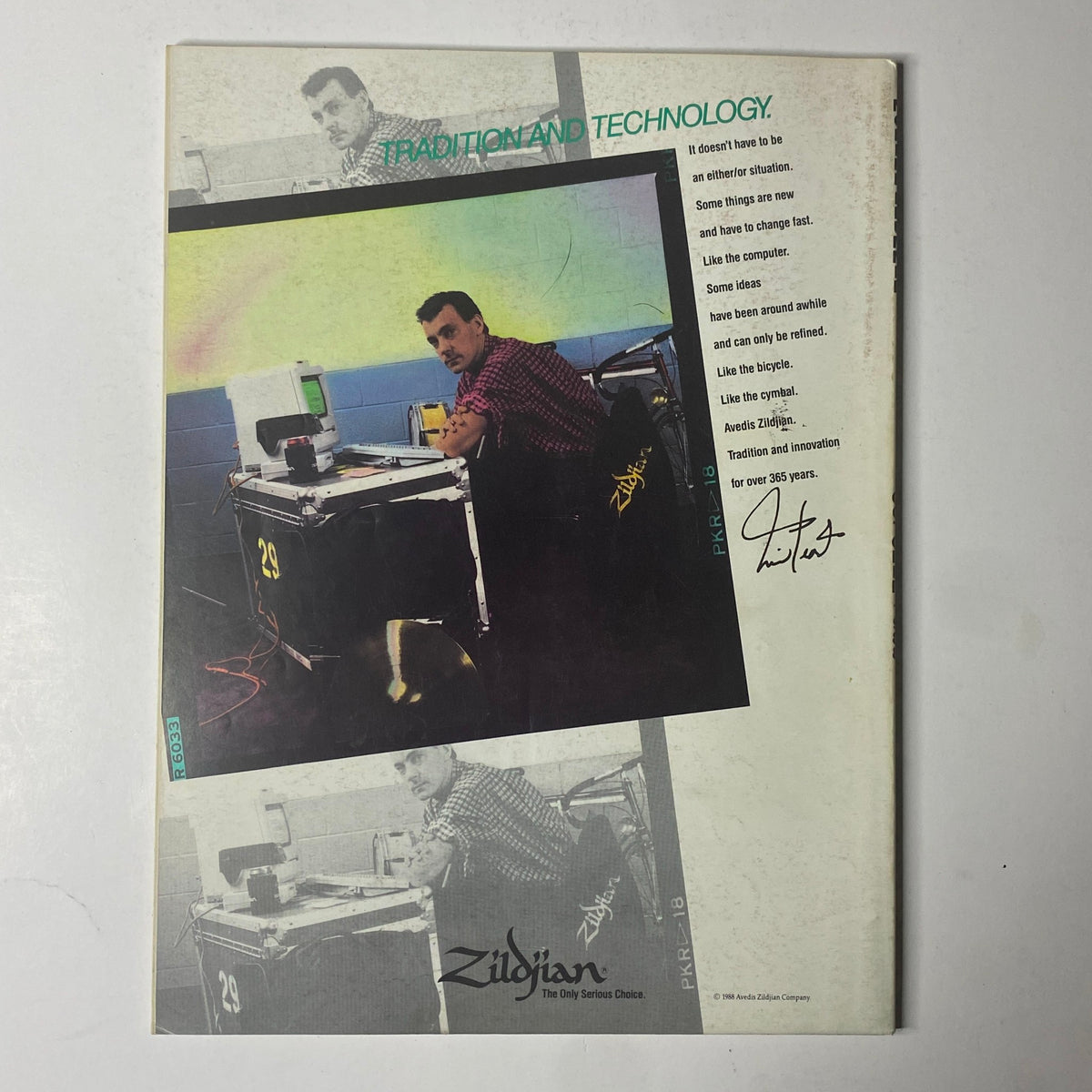 Back cover of Modern Drummer Magazine October 1988 highlighting Zildjian, emphasizing the blend of tradition and technology in drumming.