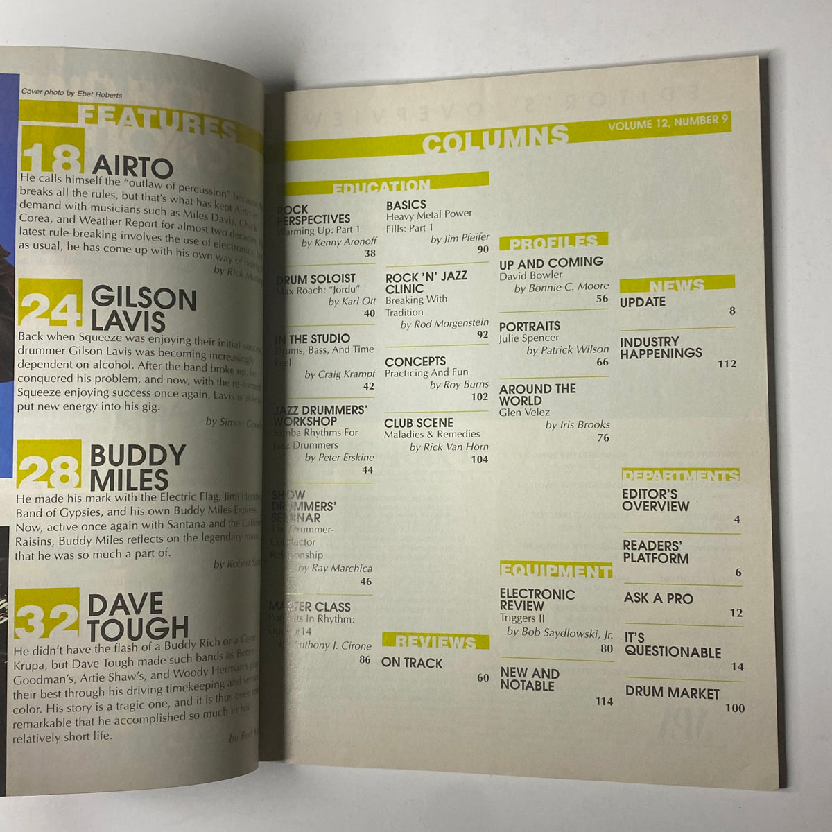 Inside page of Modern Drummer Magazine September 1988 featuring articles on Airto, Gilson Lavis, Buddy Miles, and Dave Tough, highlighting features, columns, and educational content.