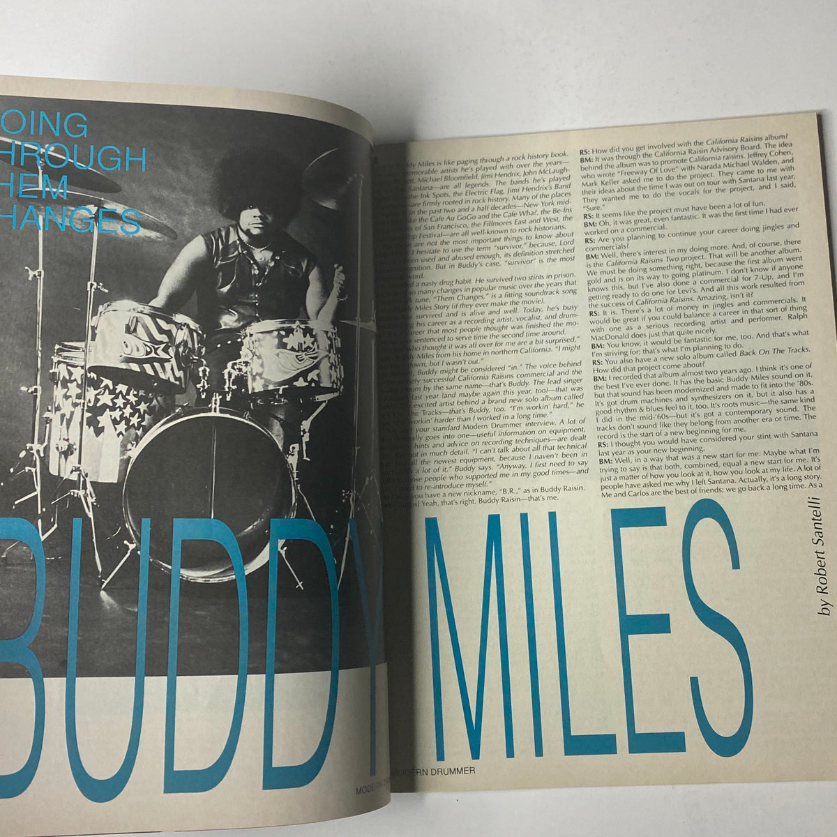 Feature article in Modern Drummer Magazine September 1988 showcasing Buddy Miles with an accompanying photograph, discussing his musical legacy and contributions to drumming.