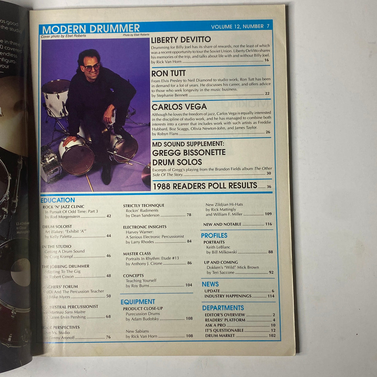Inside page of Modern Drummer Magazine July 1988 showcasing articles on Liberty DeVitto, Ron Tutt, and Carlos Vega along with industry highlights and educational content.